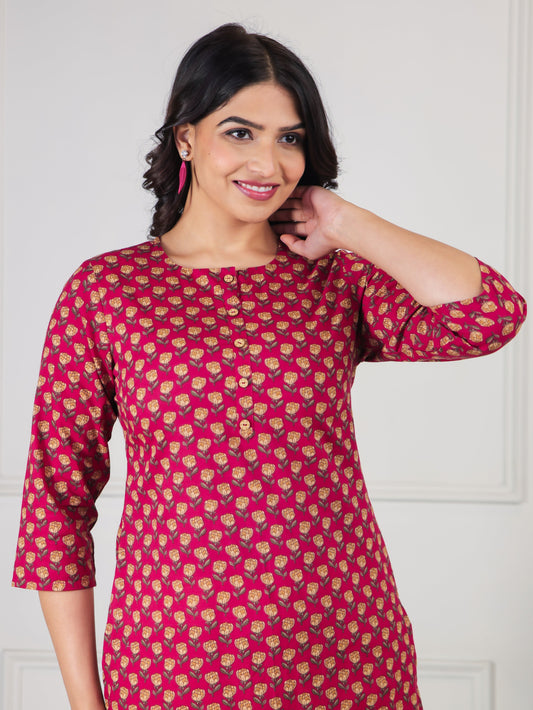 Soft Cotton Floral Straight Pink Kurti