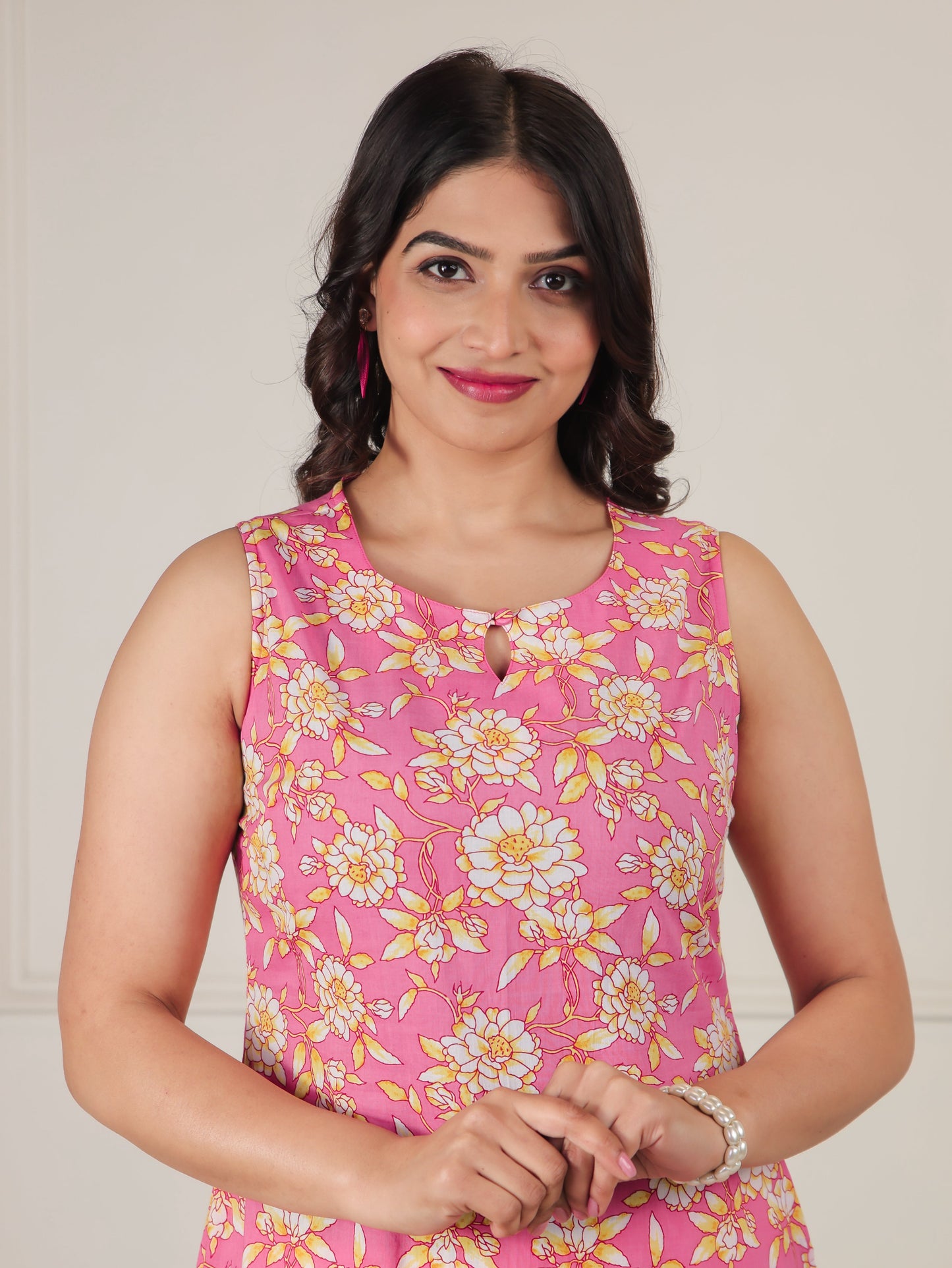 Soft Cotton Floral Straight Pink Kurta