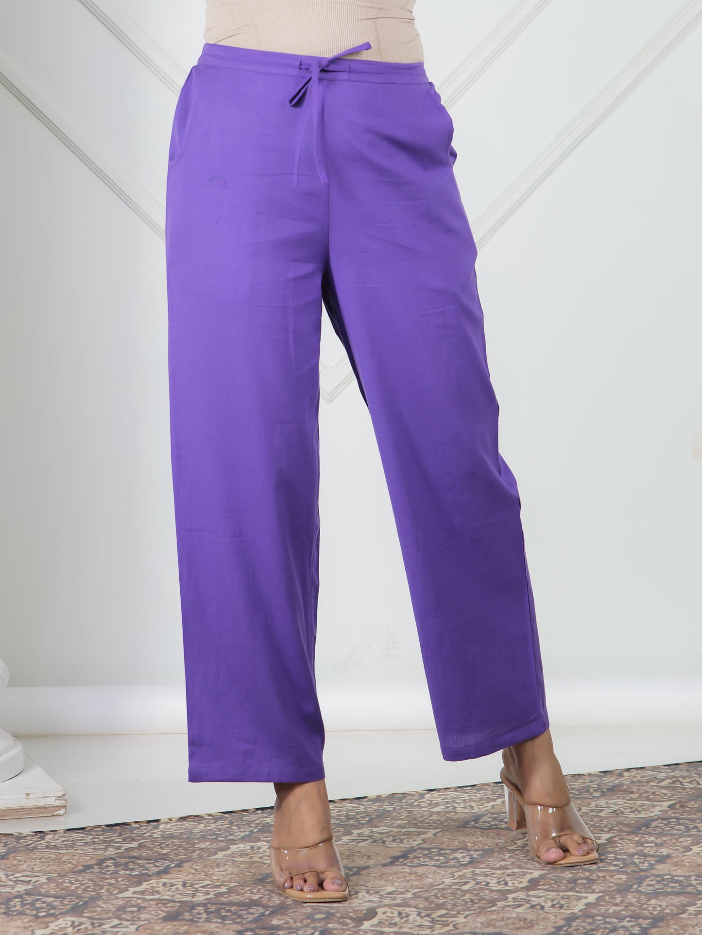 Linen Cotton Solid Purple Straight Trousers