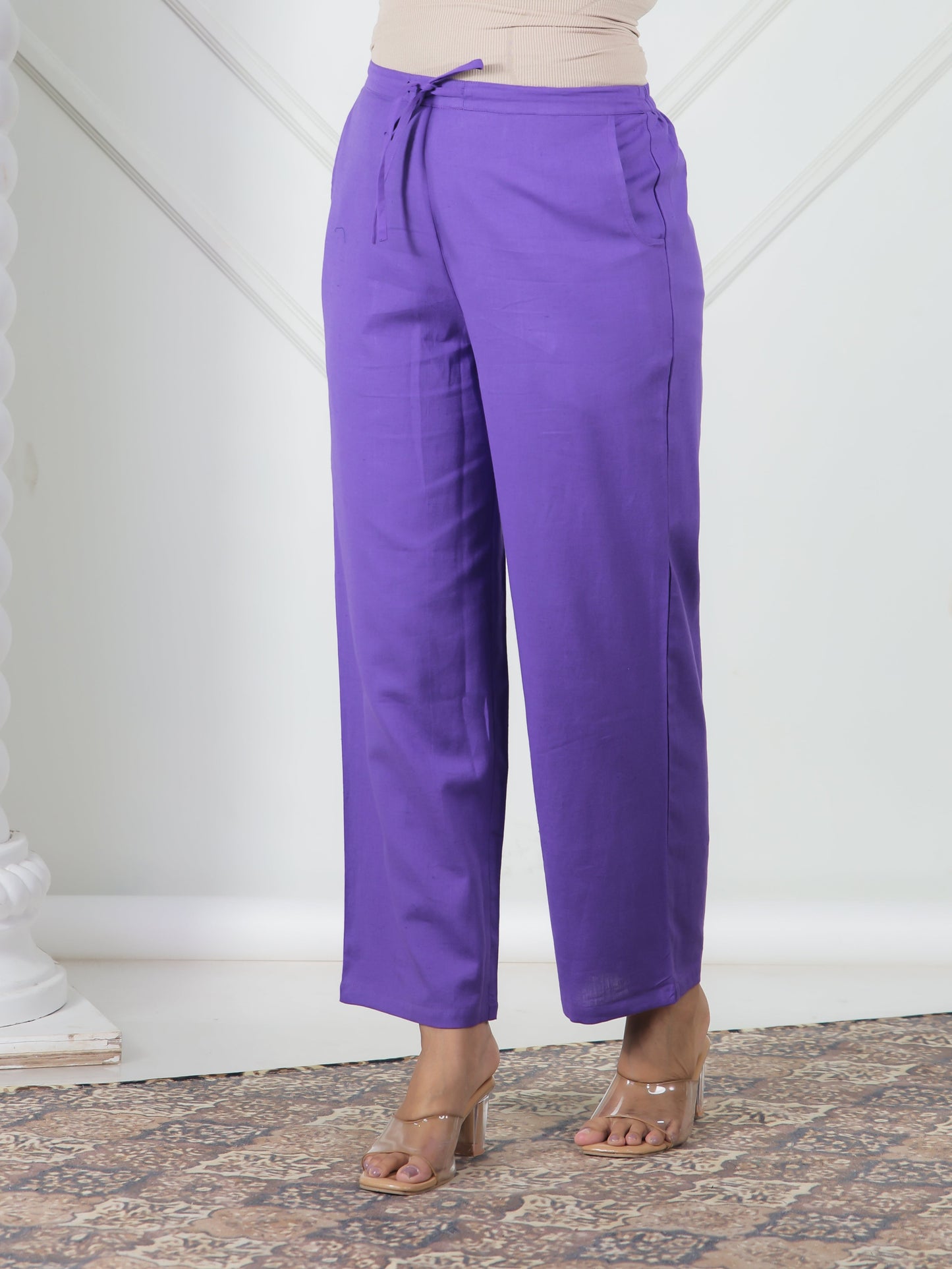 Linen Cotton Solid Purple Straight Trousers