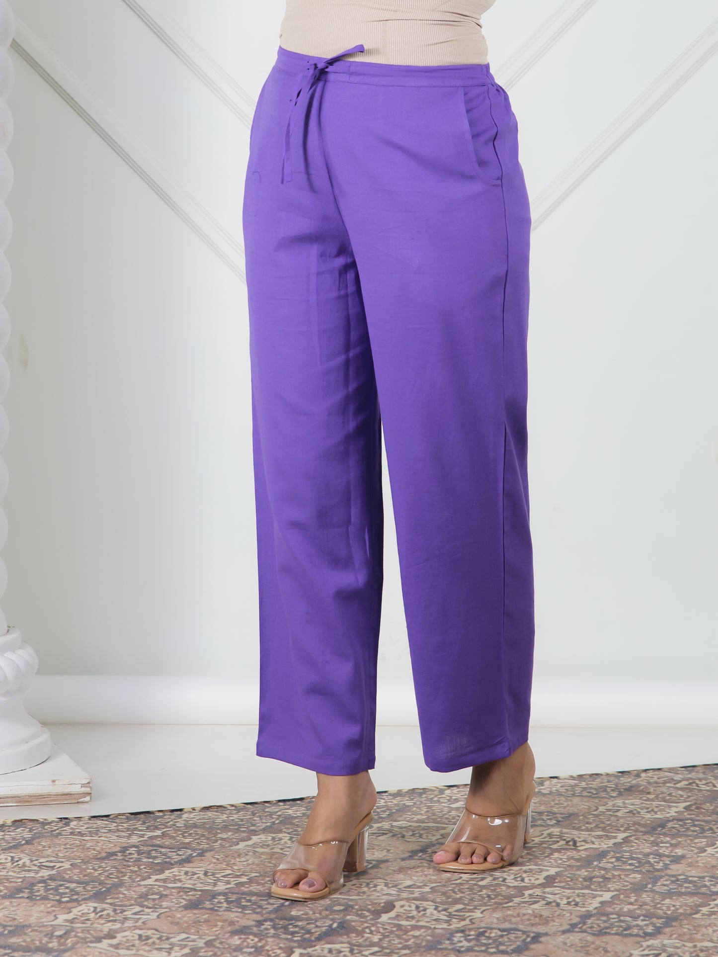Embroidered Linen Cotton Solid A-line Purple Kurta
