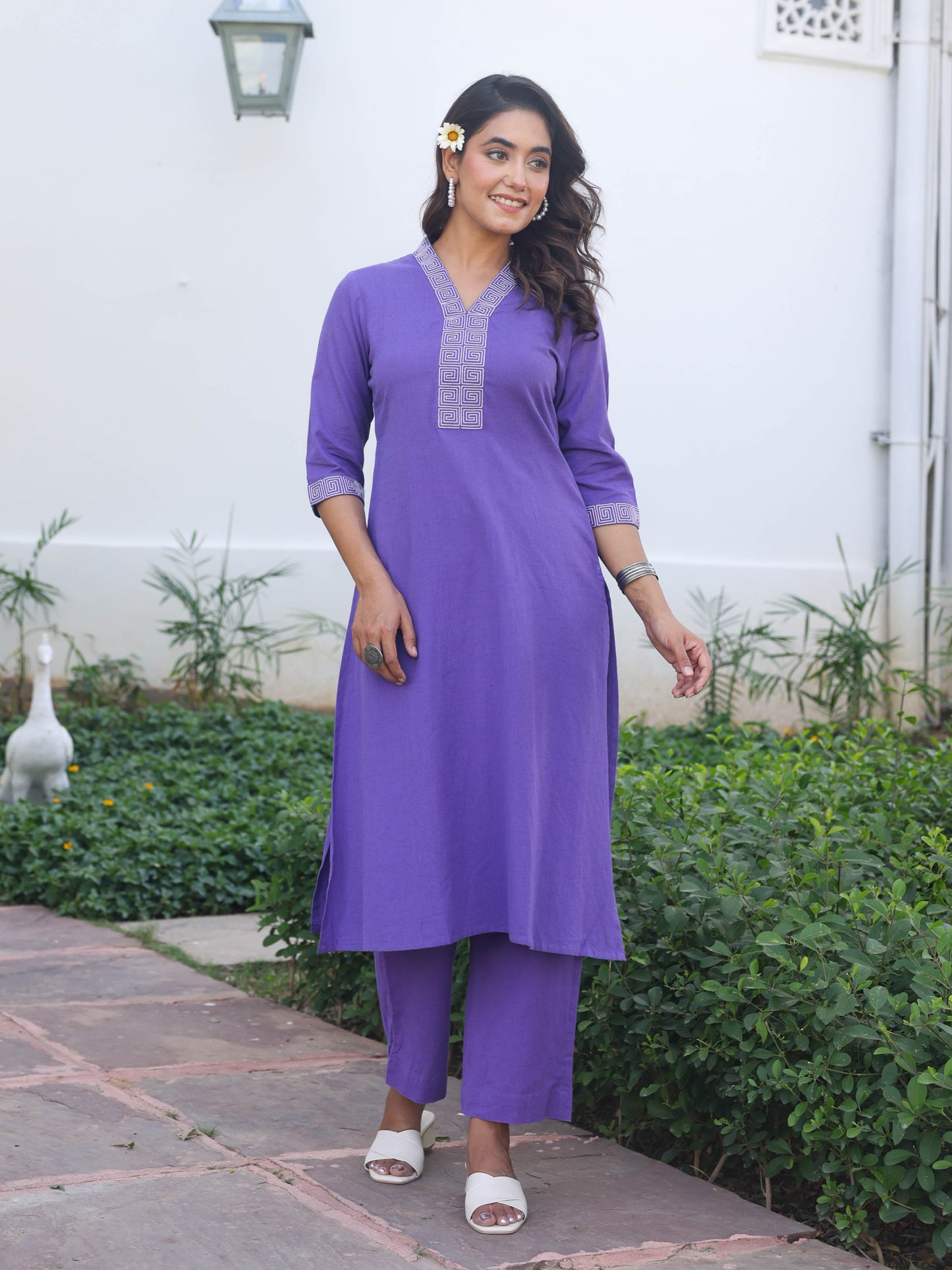Embroidered Linen Cotton Solid A-line Purple Kurta