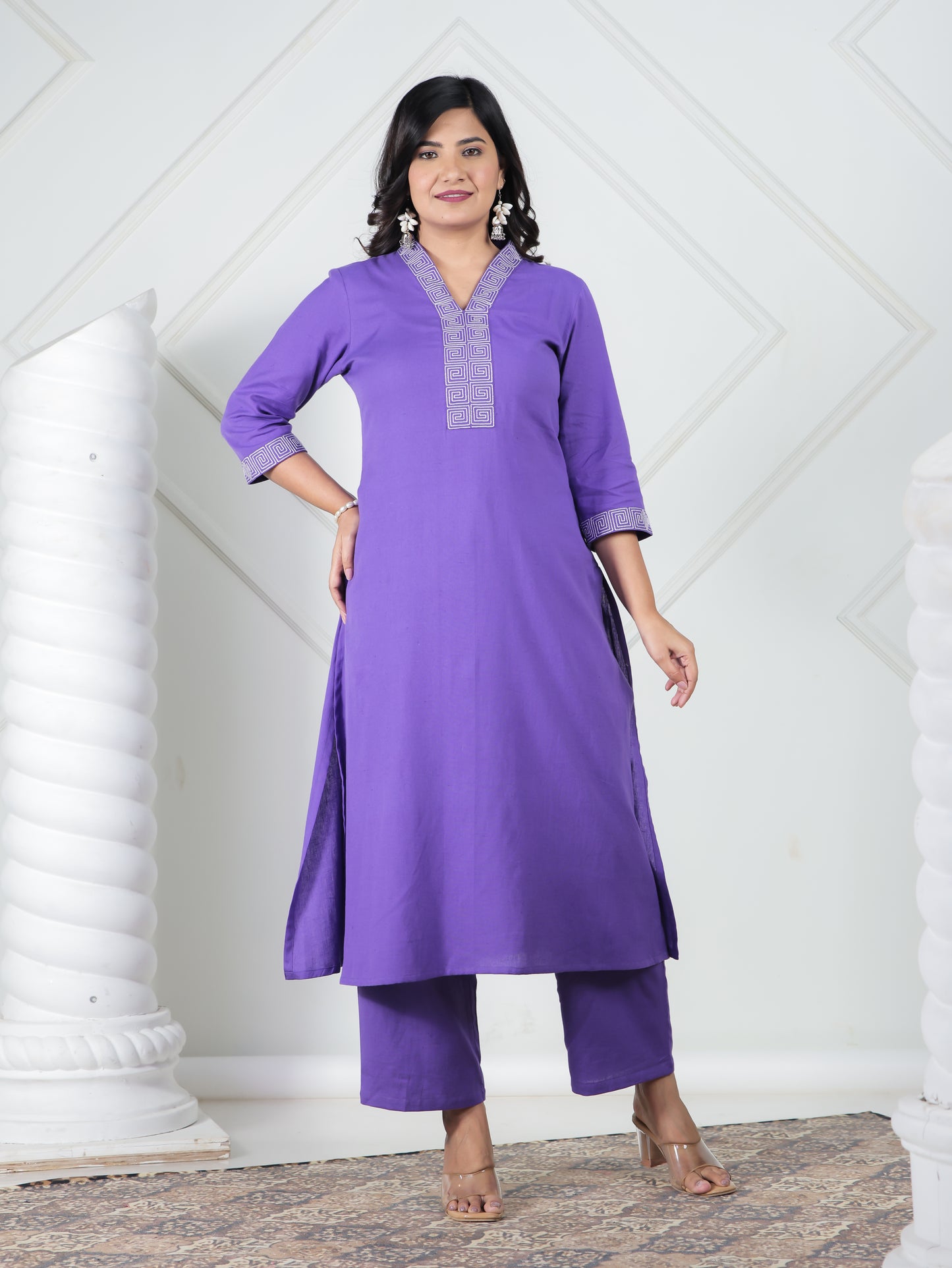Embroidered Linen Cotton Solid A-line Purple Kurta