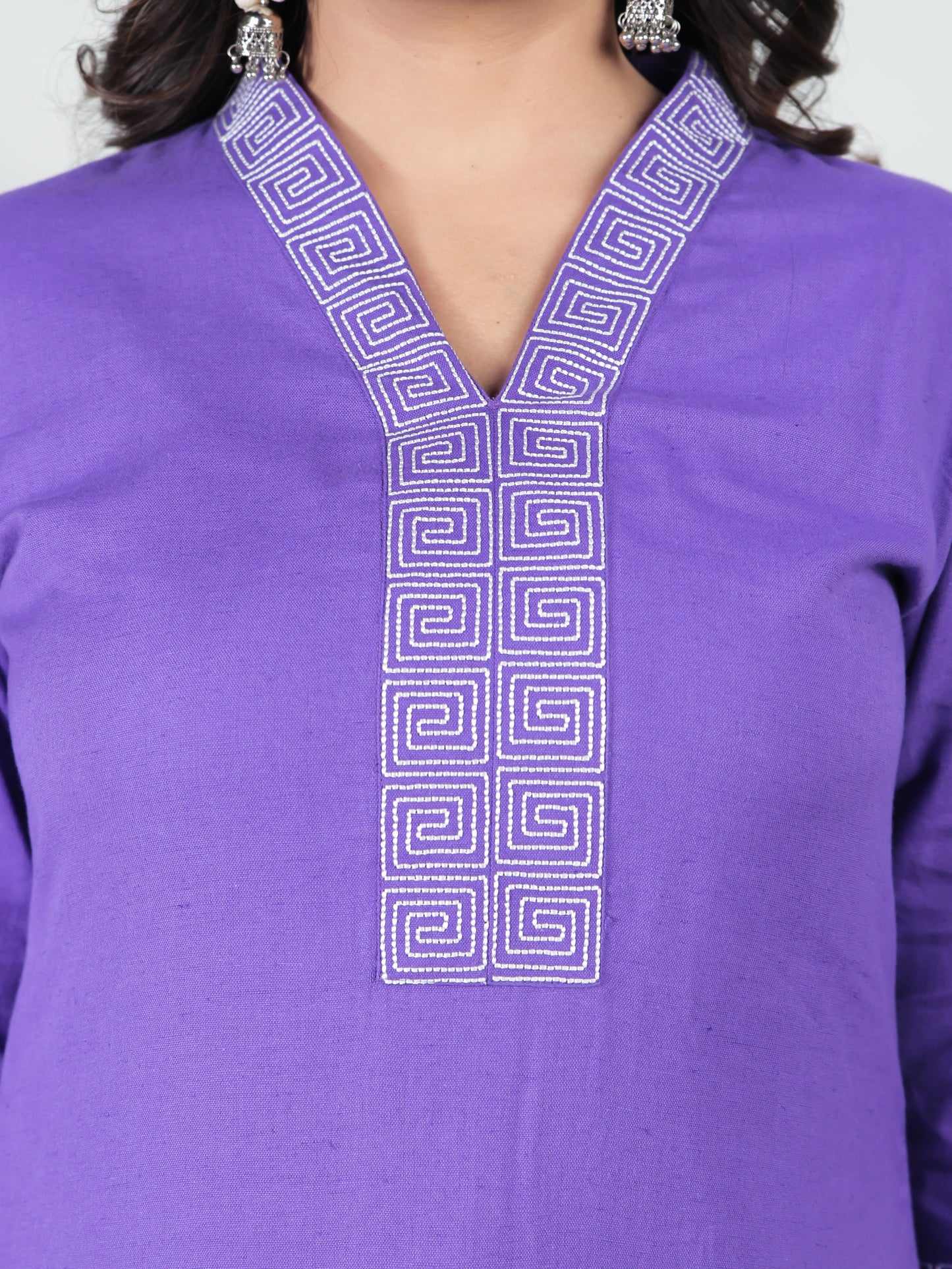 Embroidered Linen Cotton Solid A-line Purple Kurta