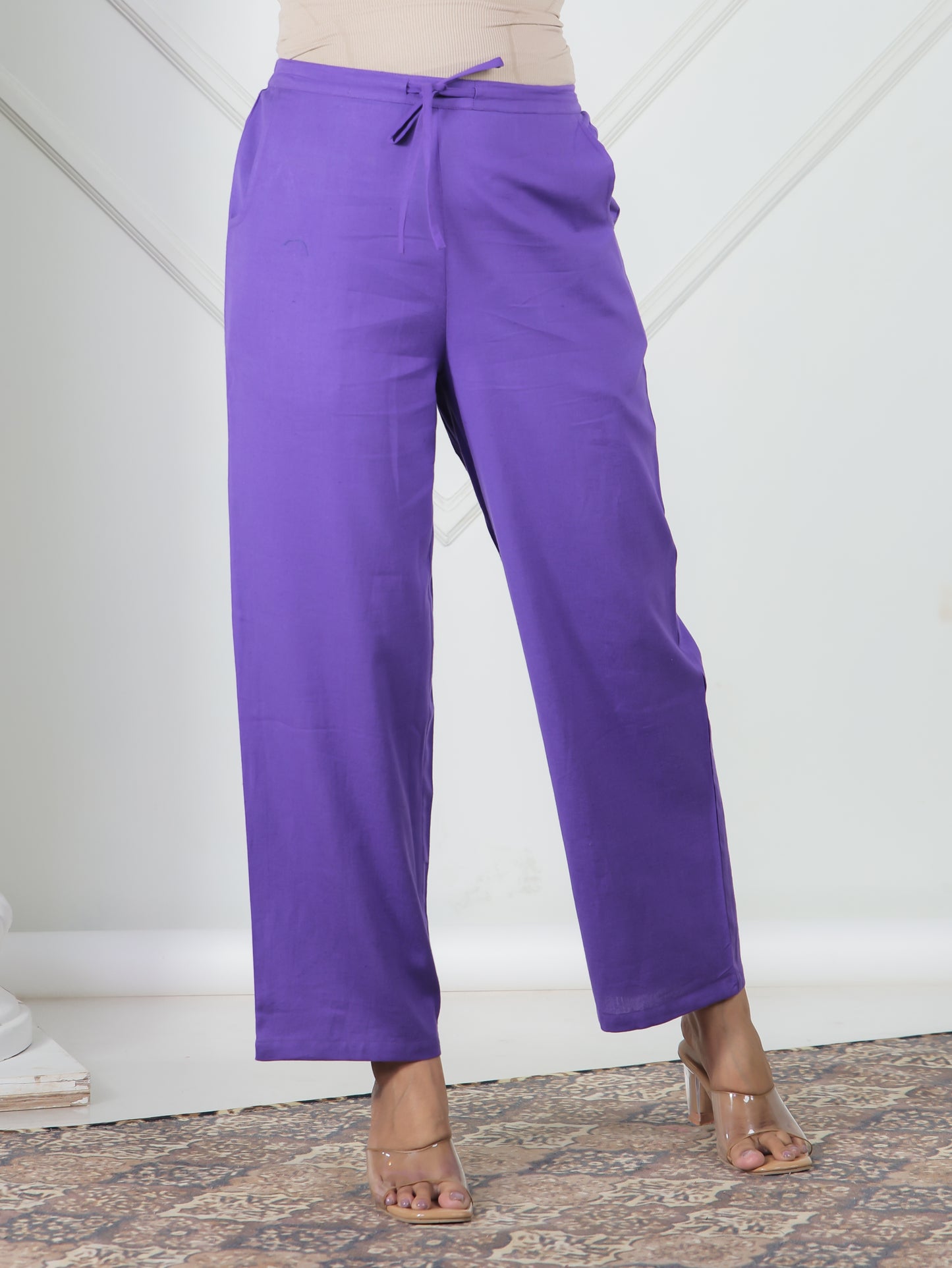 Embroidered Linen Cotton Solid A-line Purple Kurta