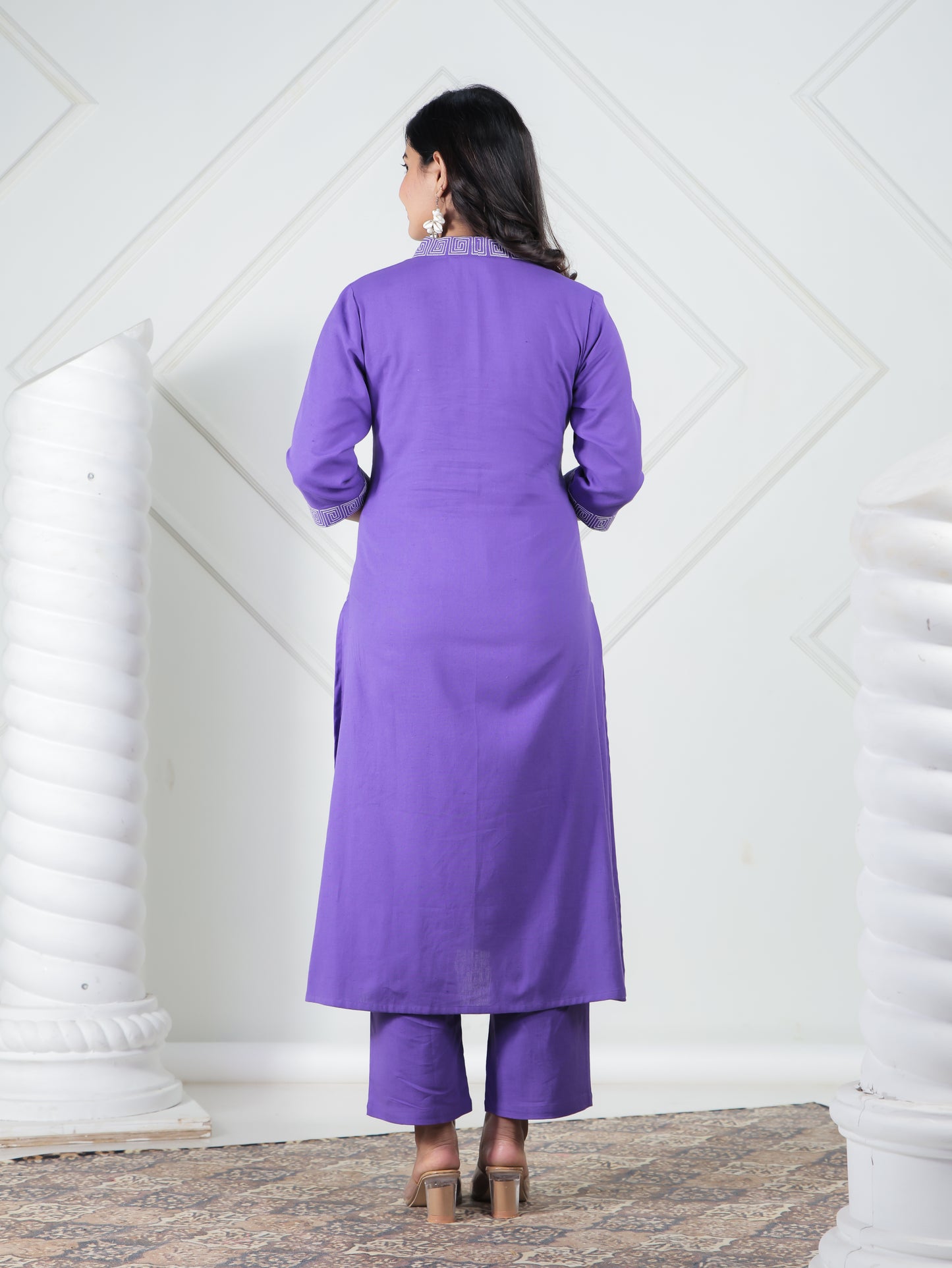 Embroidered Linen Cotton Solid A-line Purple Kurta