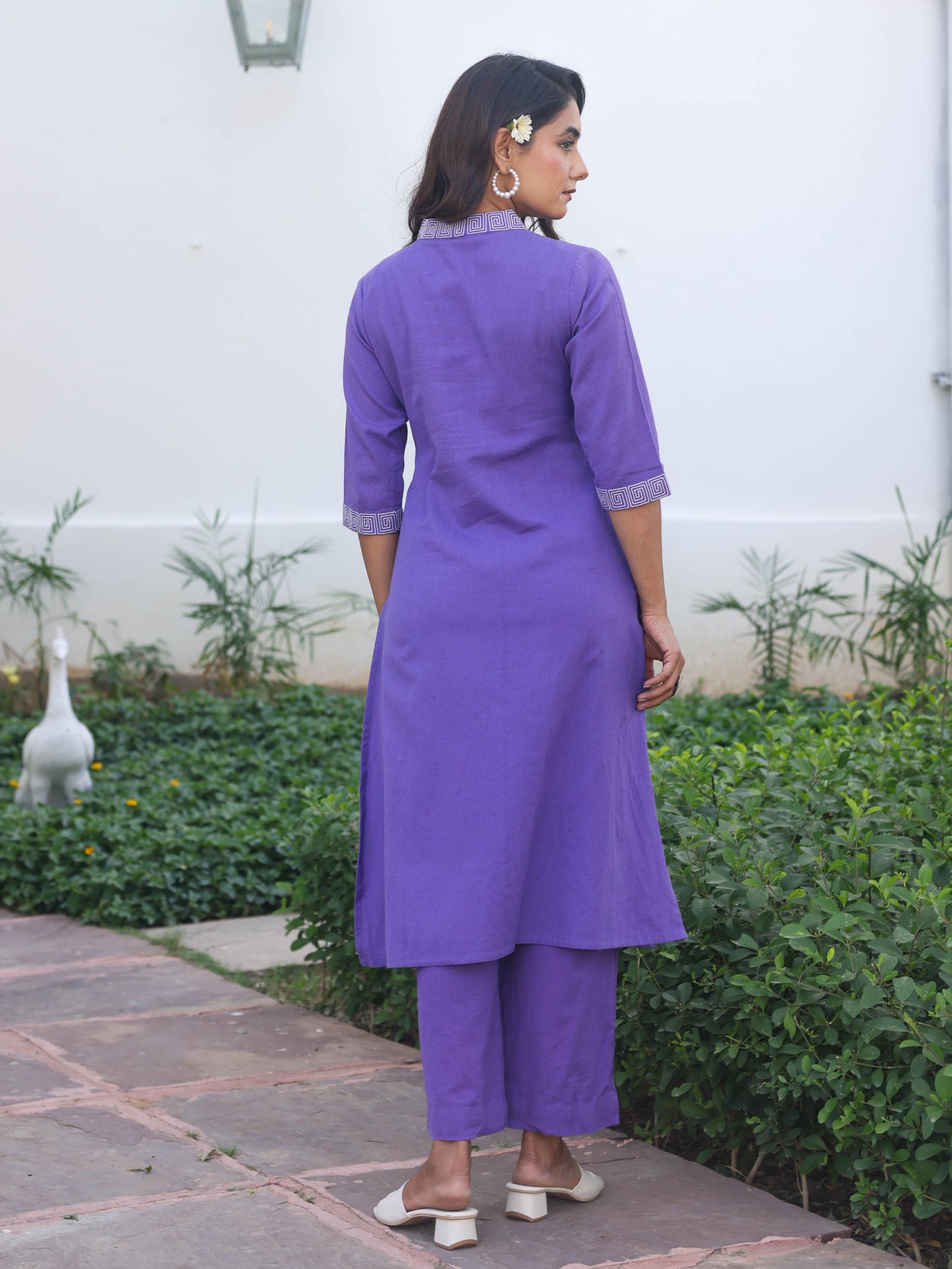 Embroidered Linen Cotton Solid A-line Purple Kurta