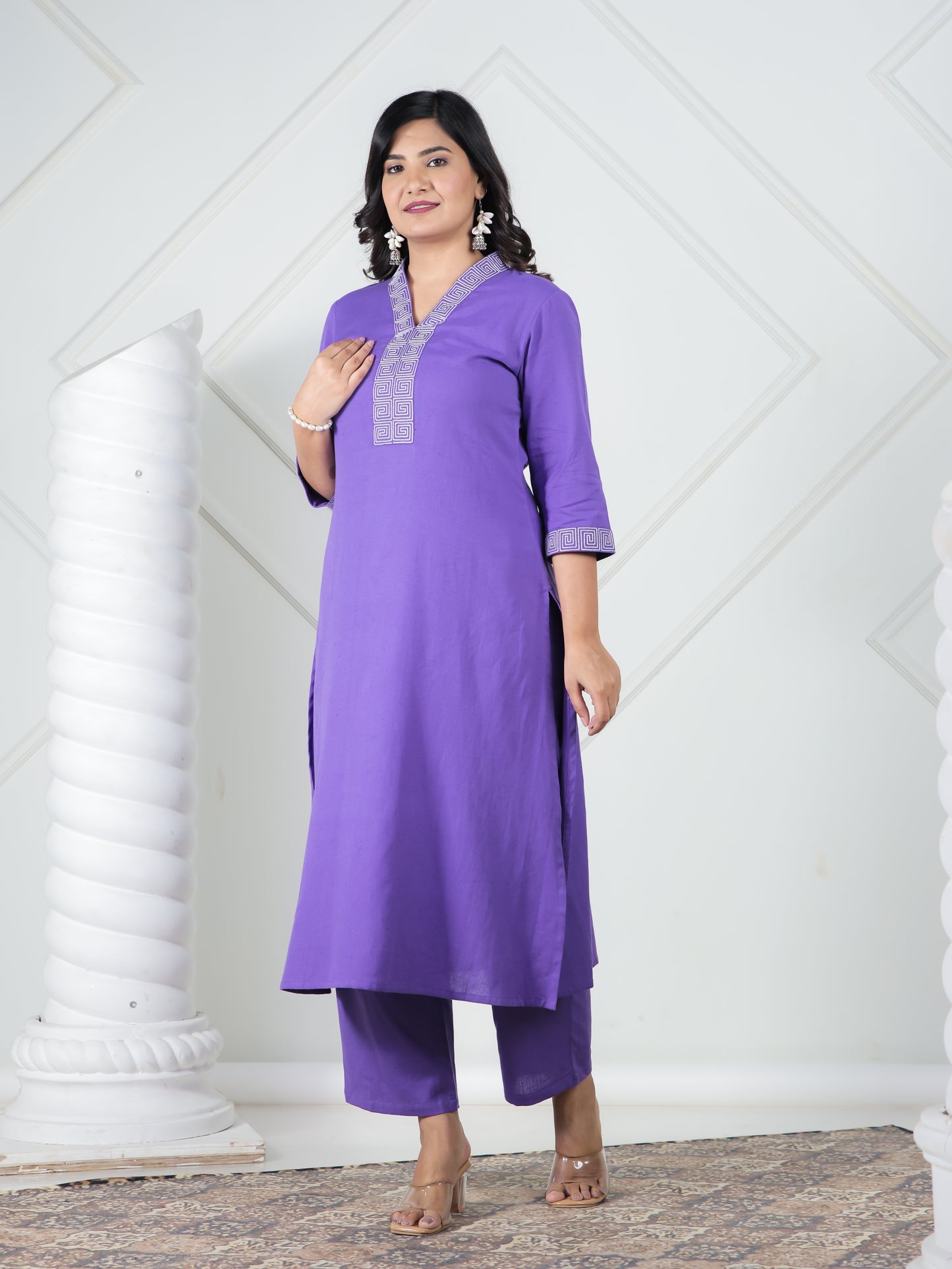 Embroidered Linen Cotton Solid A-line Purple Kurta