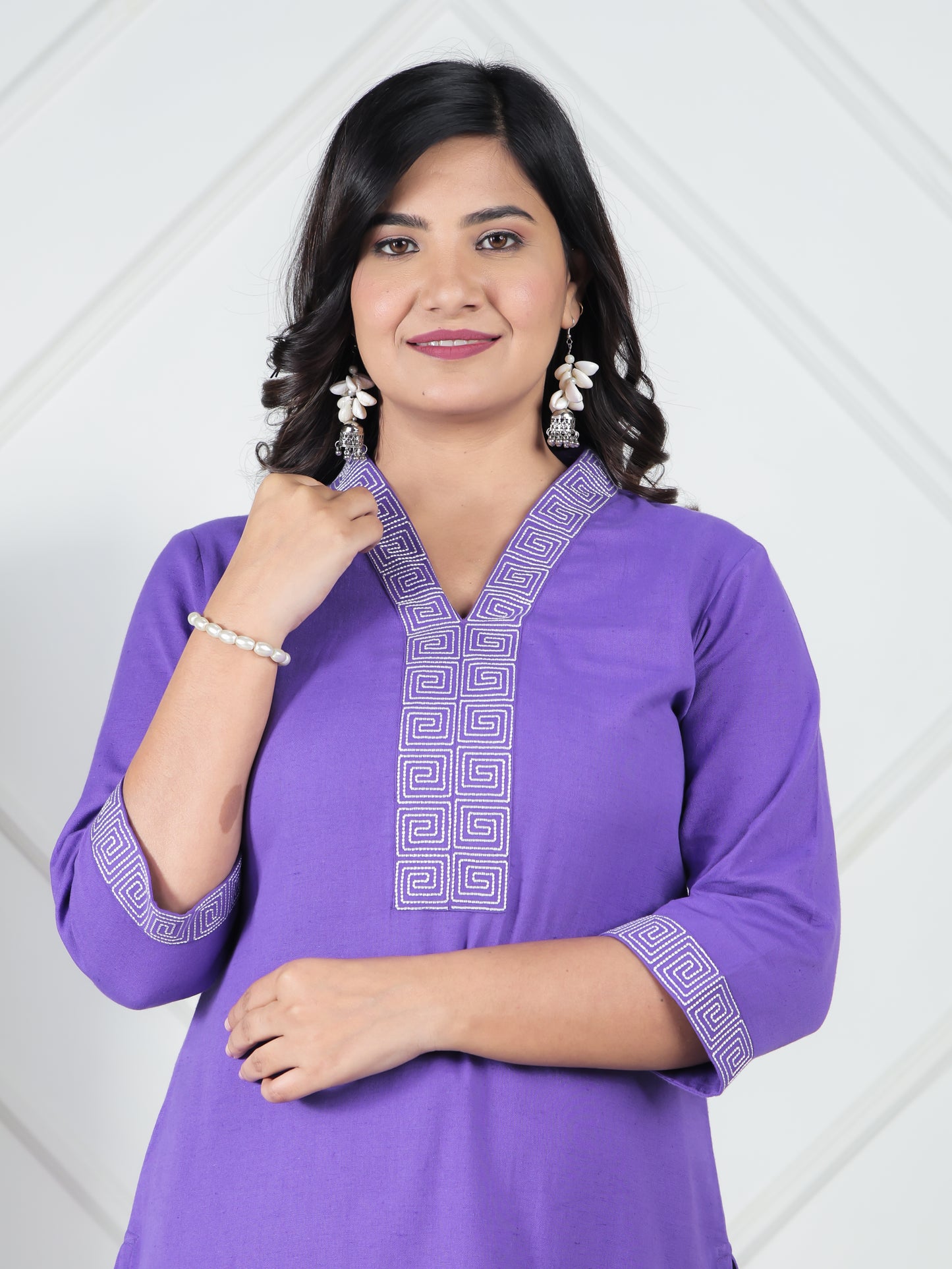 Embroidered Linen Cotton Solid A-line Purple Kurta