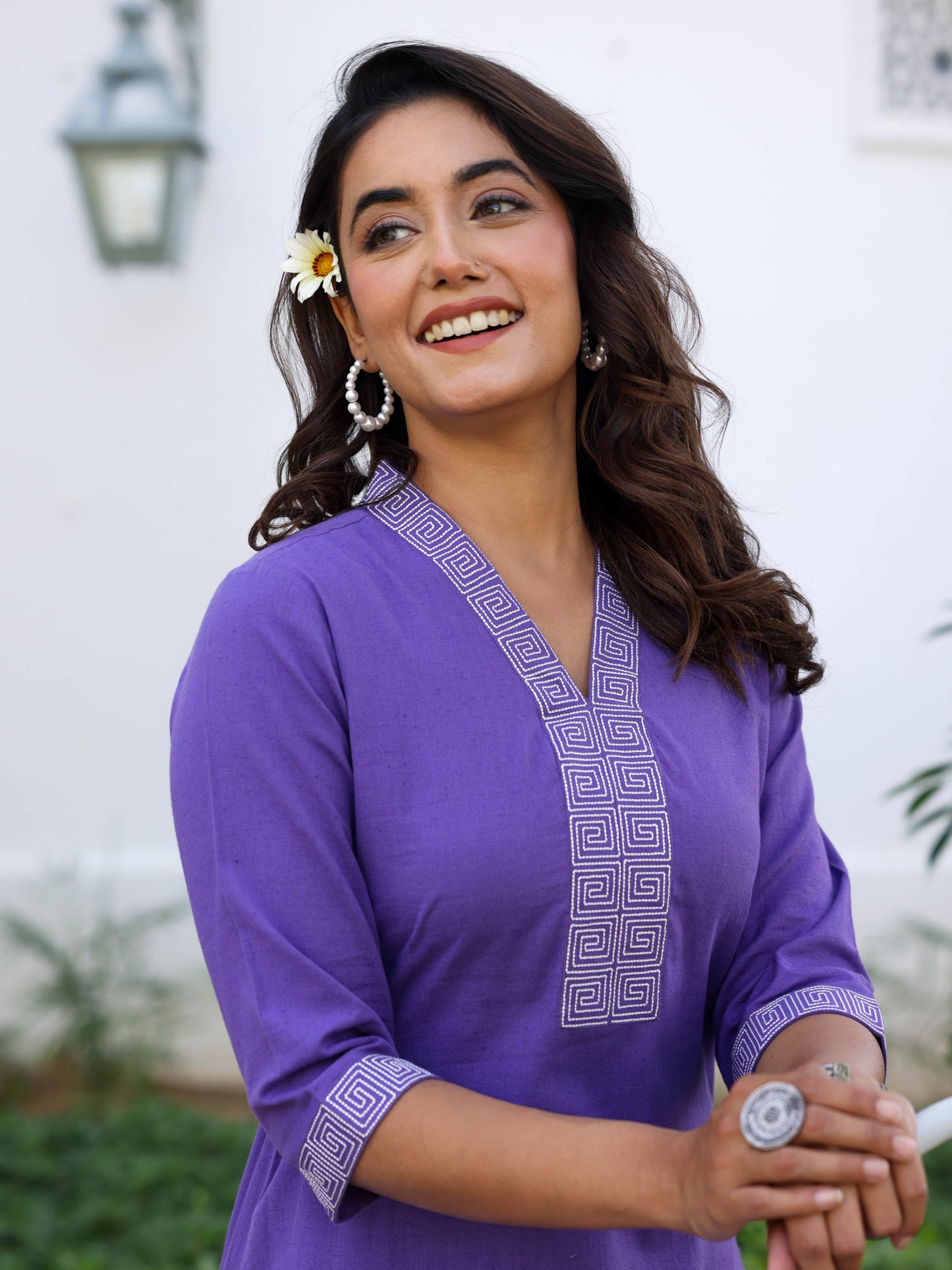 Embroidered Linen Cotton Solid A-line Purple Kurta