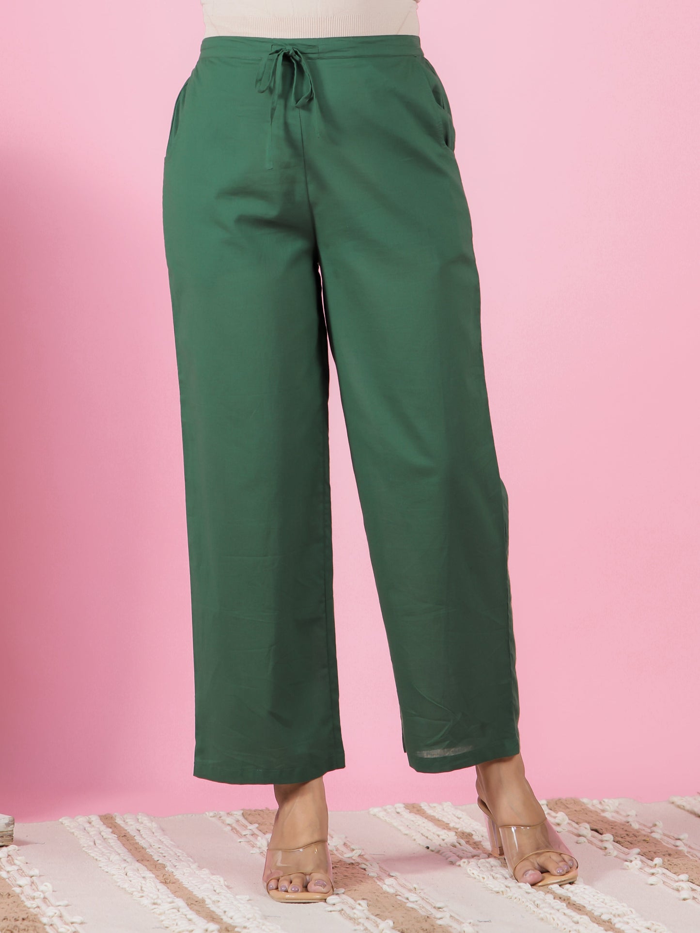 Soft Cotton Solid Green Straight Trousers
