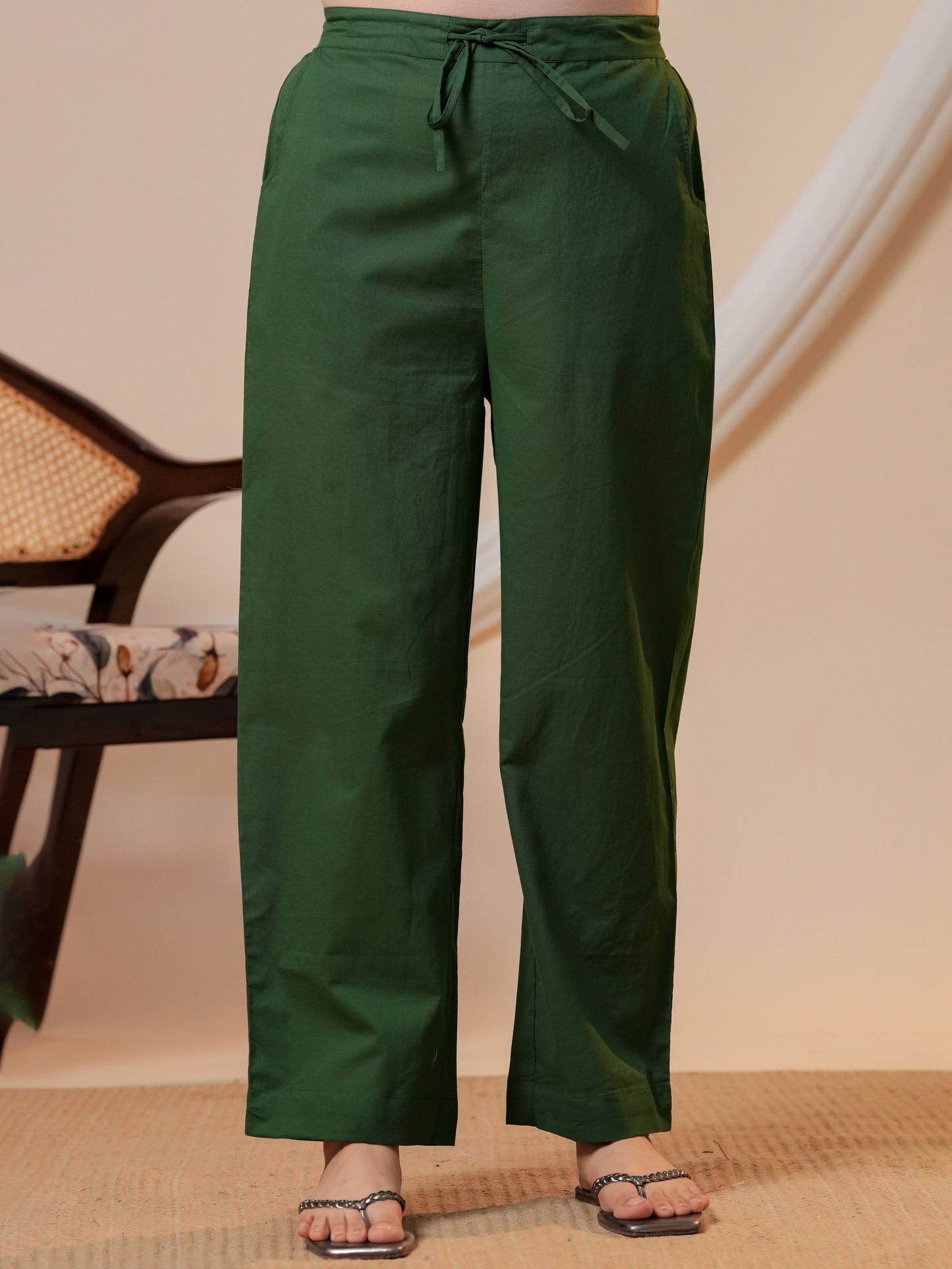 Soft Cotton Solid Green Straight Trousers