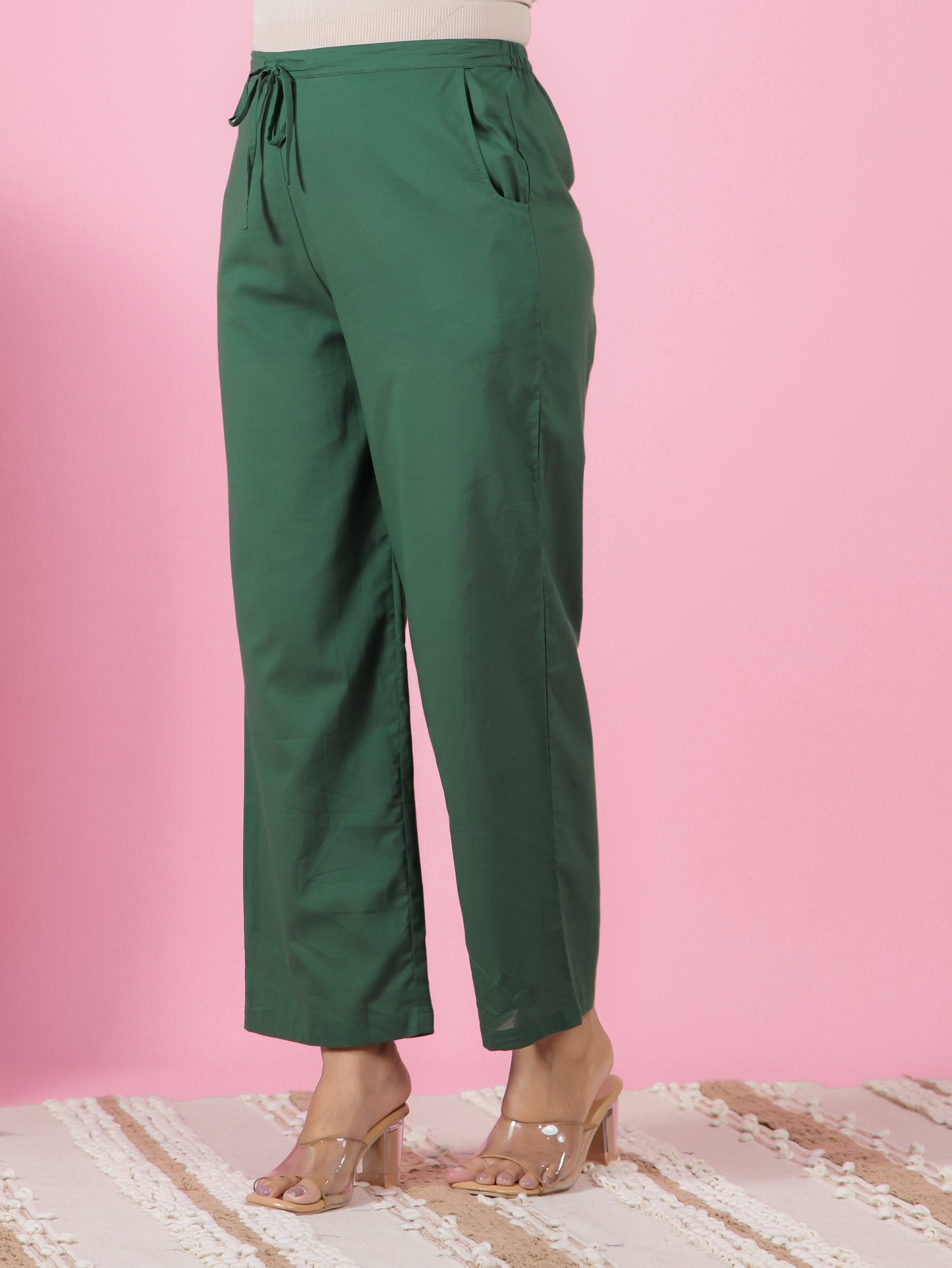 Soft Cotton Solid Green Straight Trousers