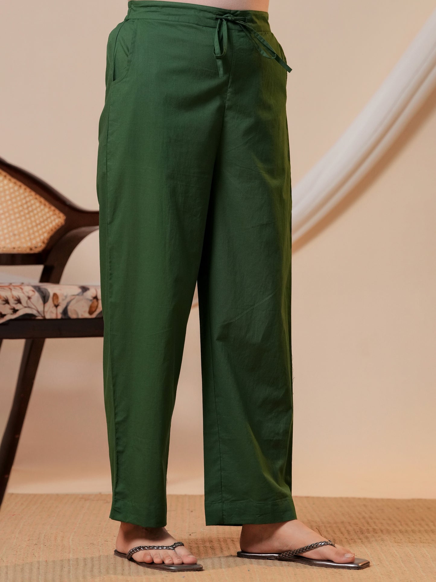 Soft Cotton Solid Green Straight Trousers