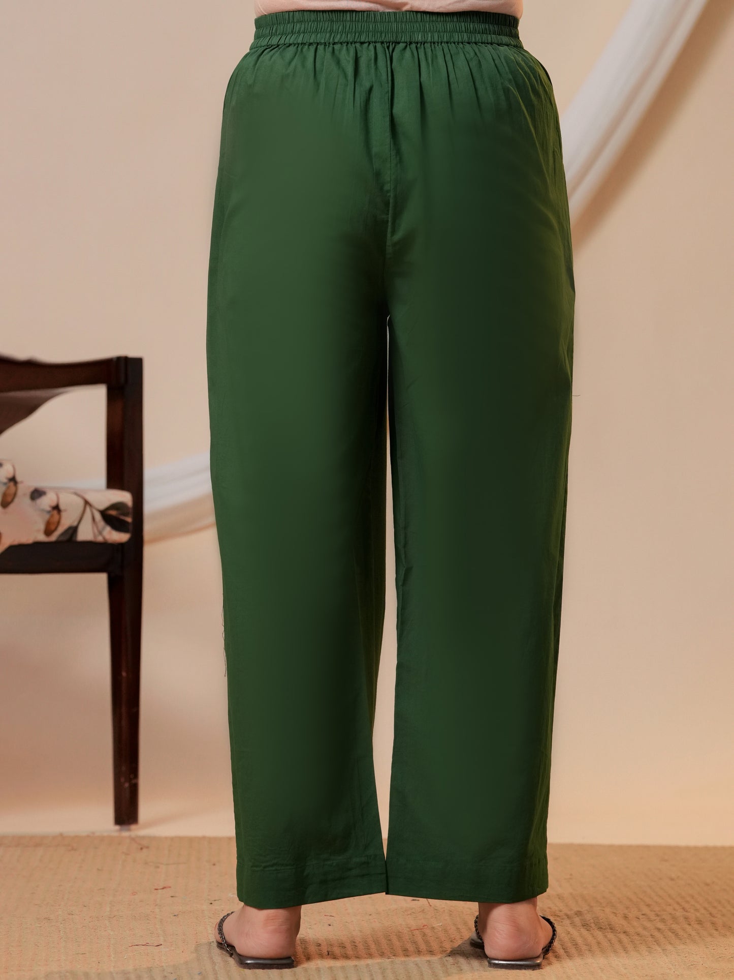 Soft Cotton Solid Green Straight Trousers