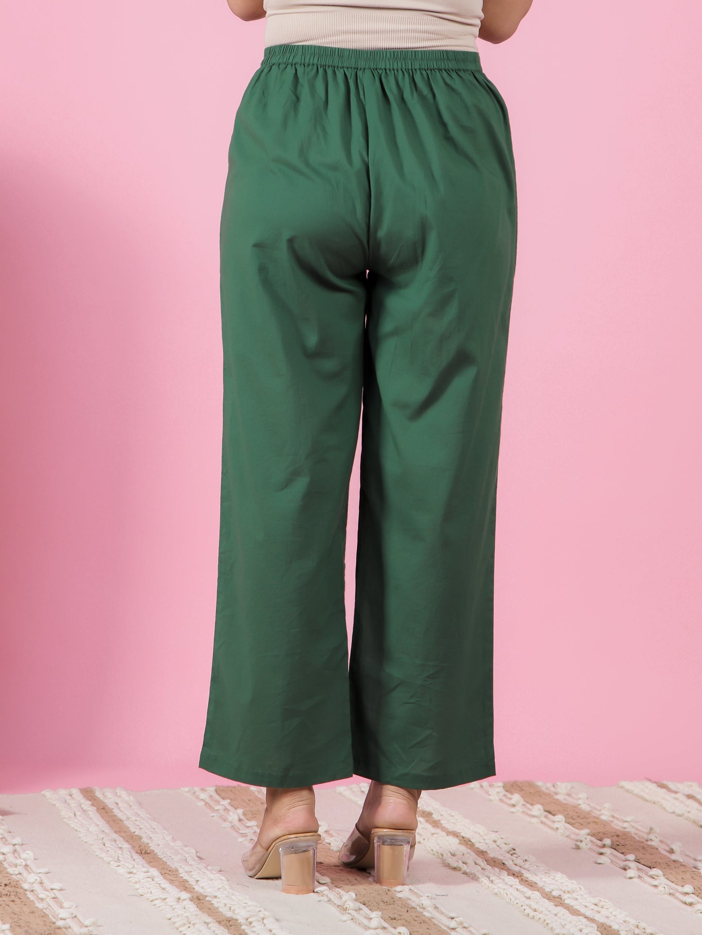 Soft Cotton Solid Green Straight Trousers
