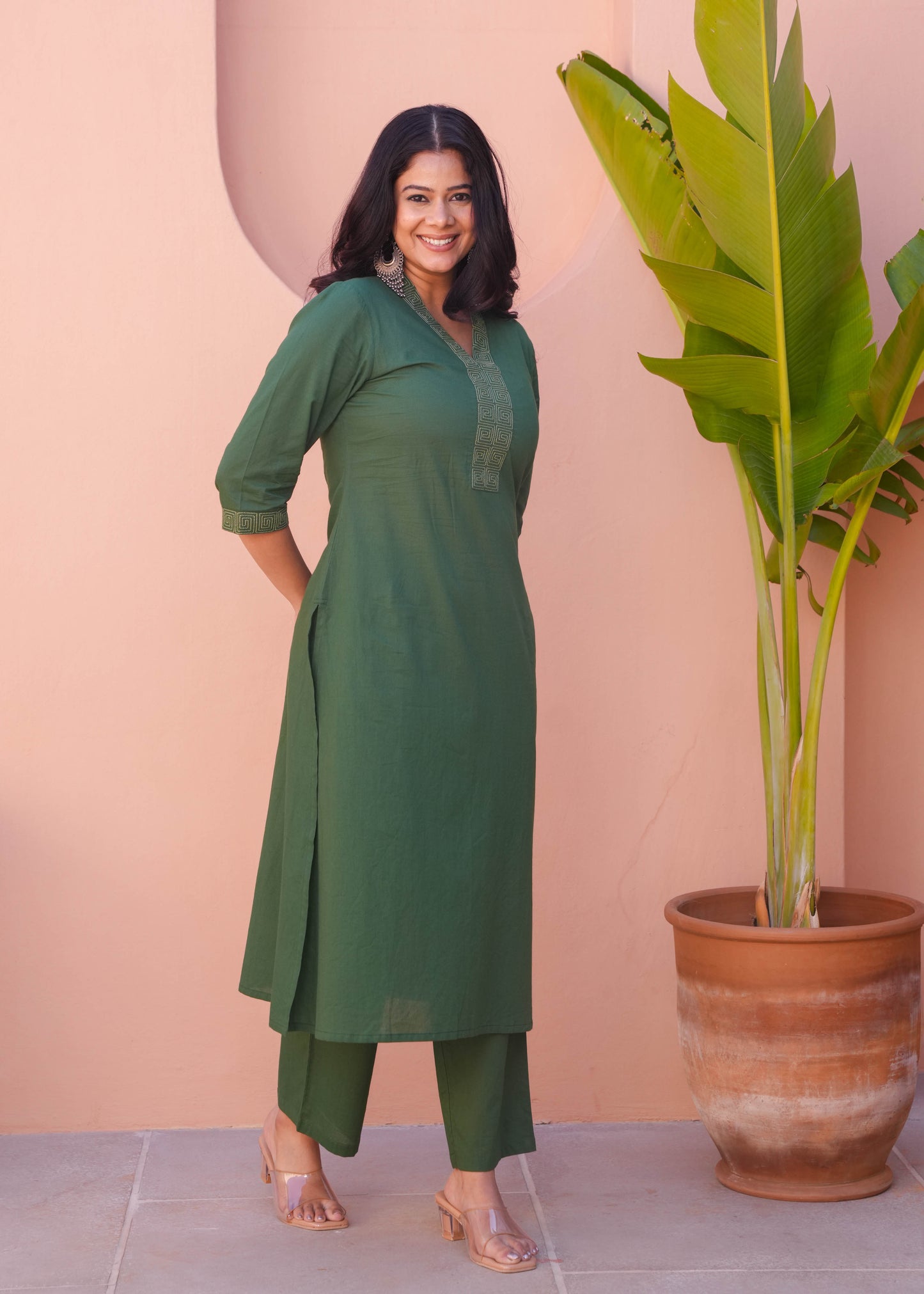 Embroidered Soft Cotton Solid A-line Green Kurta