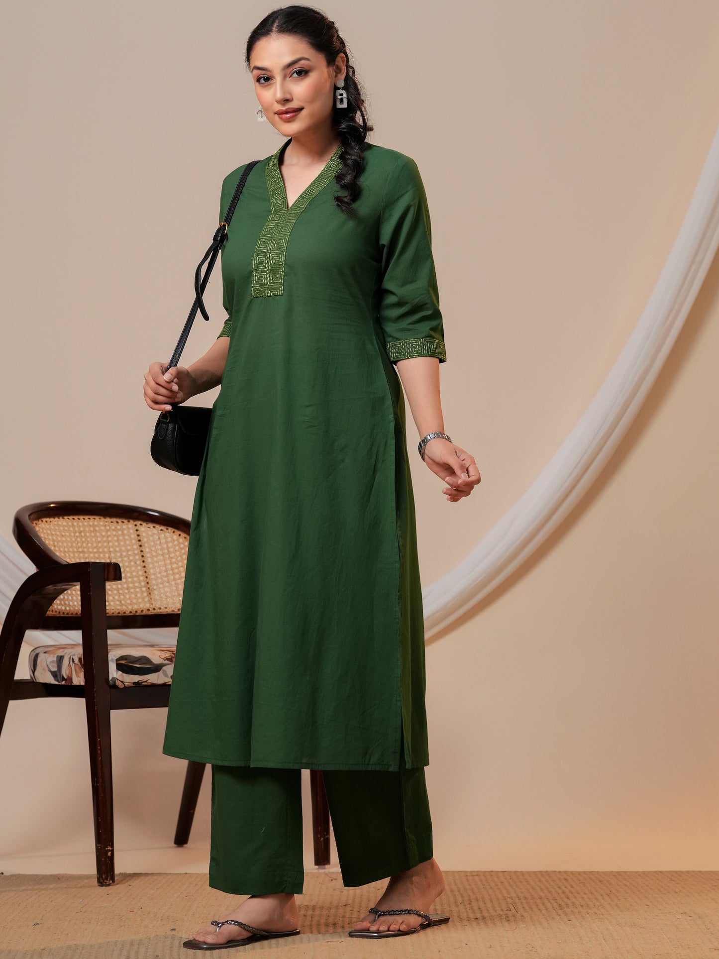 Soft Cotton Solid Straight Green Kurta