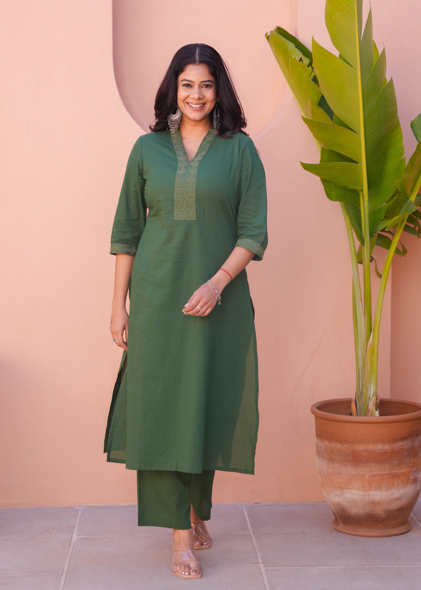 Embroidered Soft Cotton Solid A-line Green Kurta