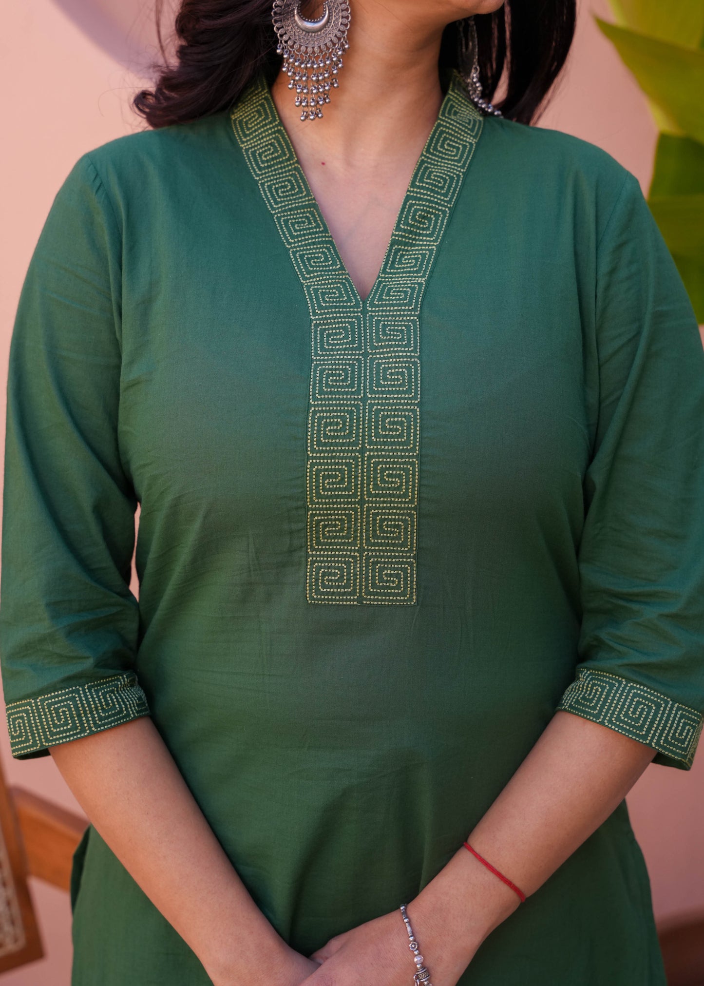 Embroidered Soft Cotton Solid A-line Green Kurta