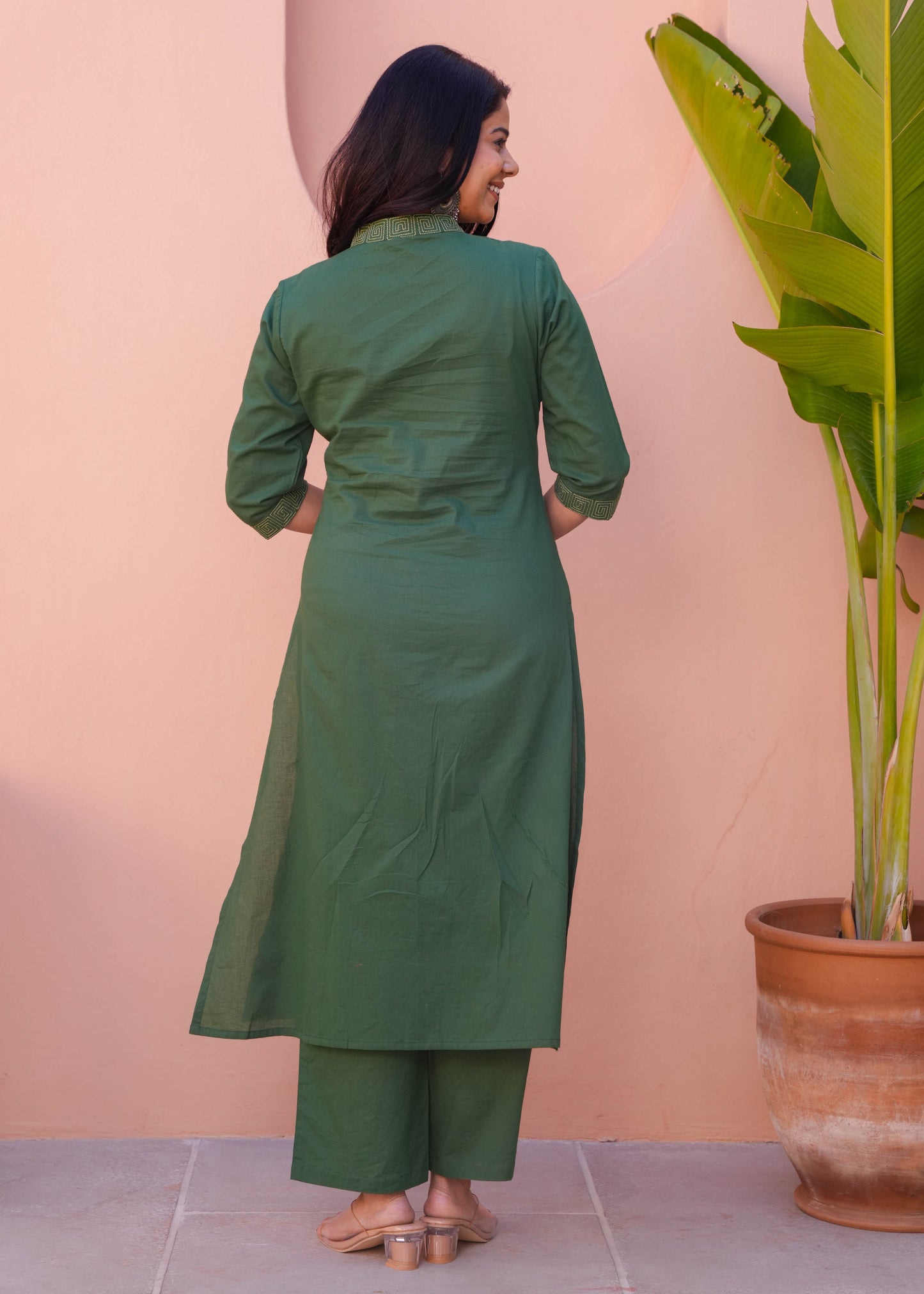 Embroidered Soft Cotton Solid A-line Green Kurta