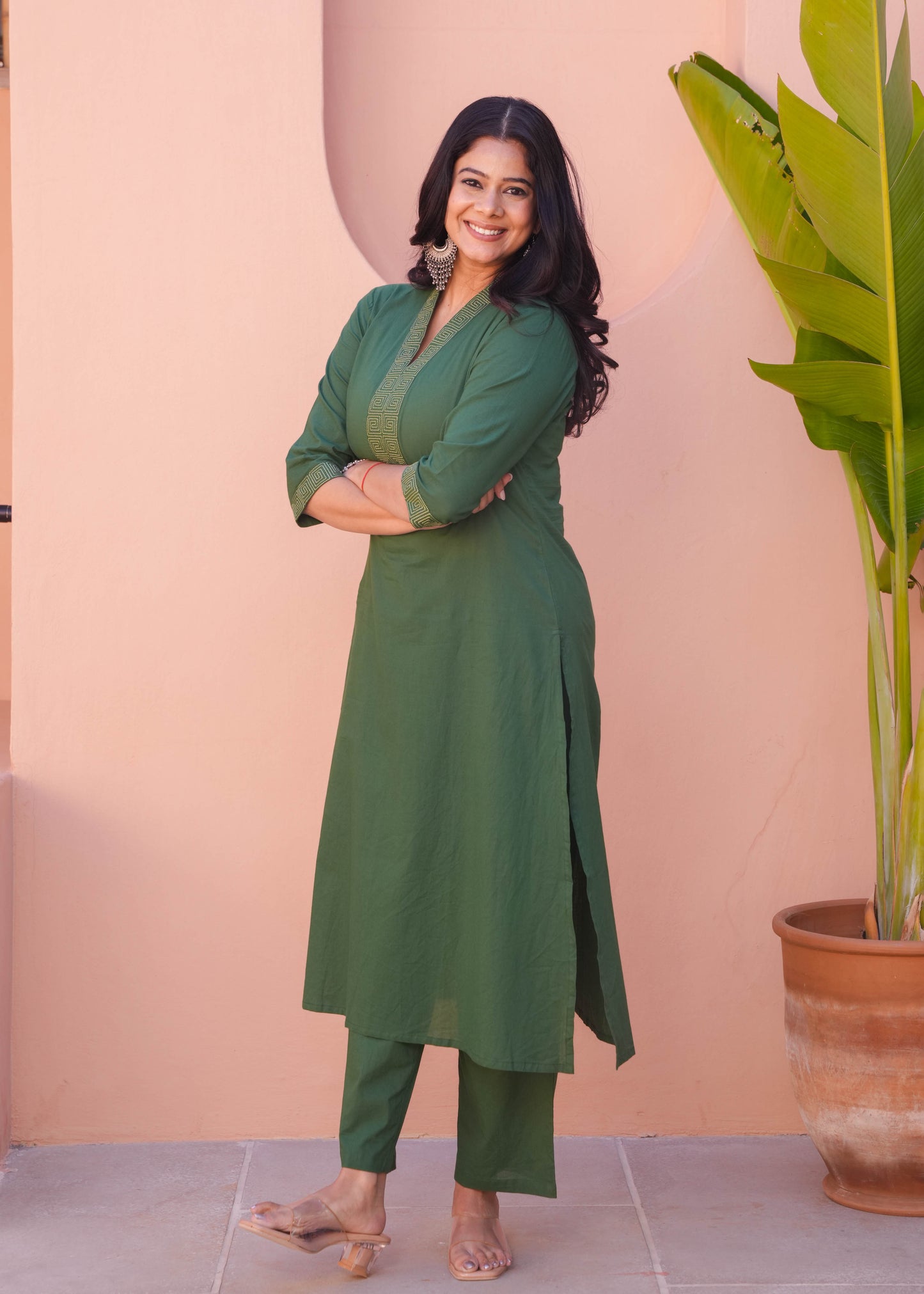 Embroidered Soft Cotton Solid A-line Green Kurta