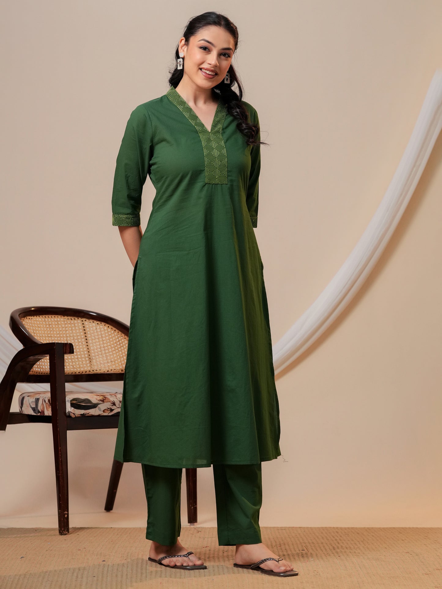 Soft Cotton Solid Straight Green Kurta