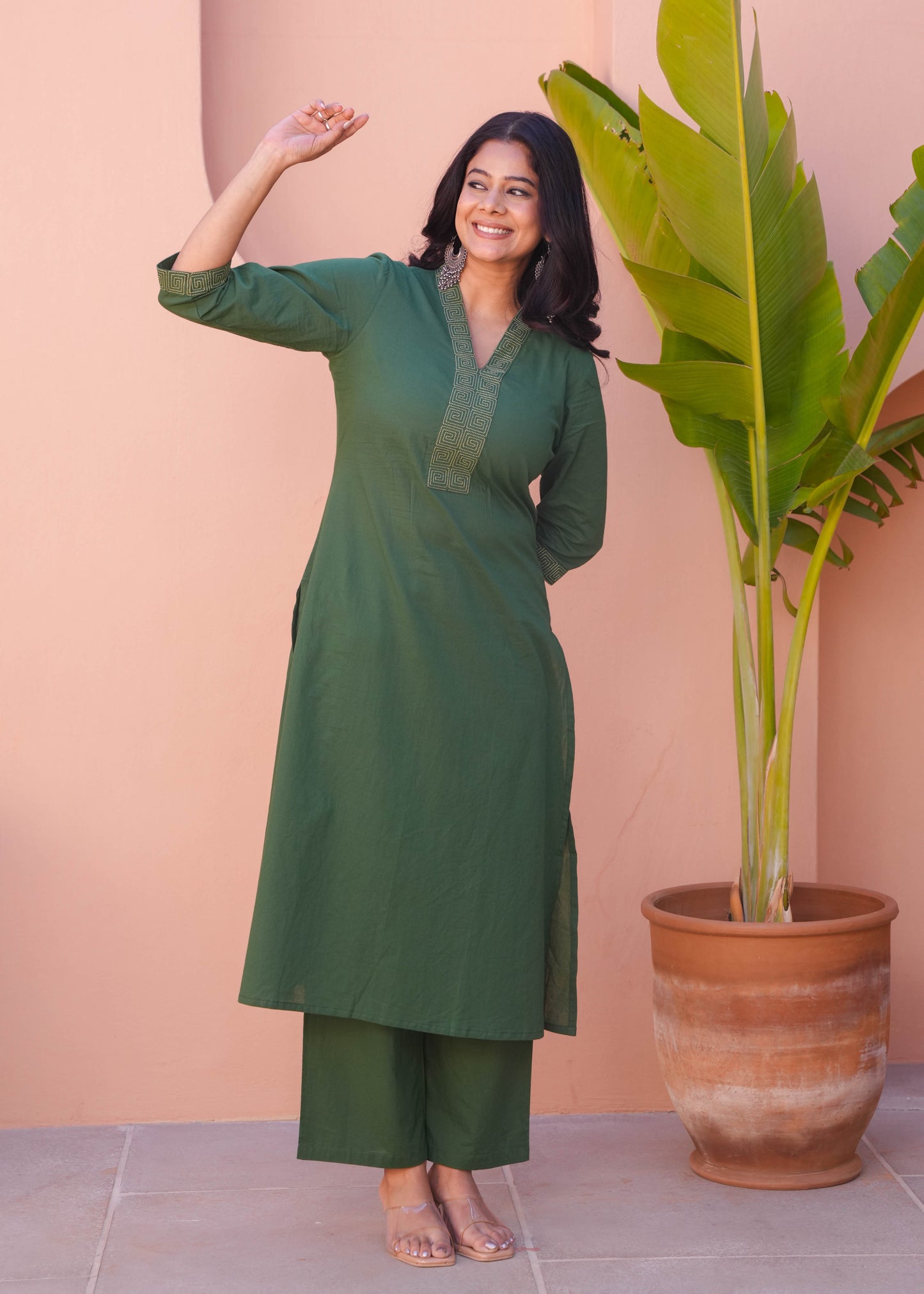 Embroidered Soft Cotton Solid A-line Green Kurta