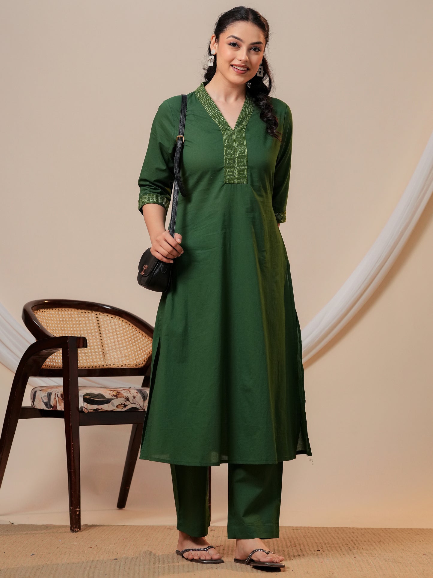 Soft Cotton Solid Straight Green Kurta