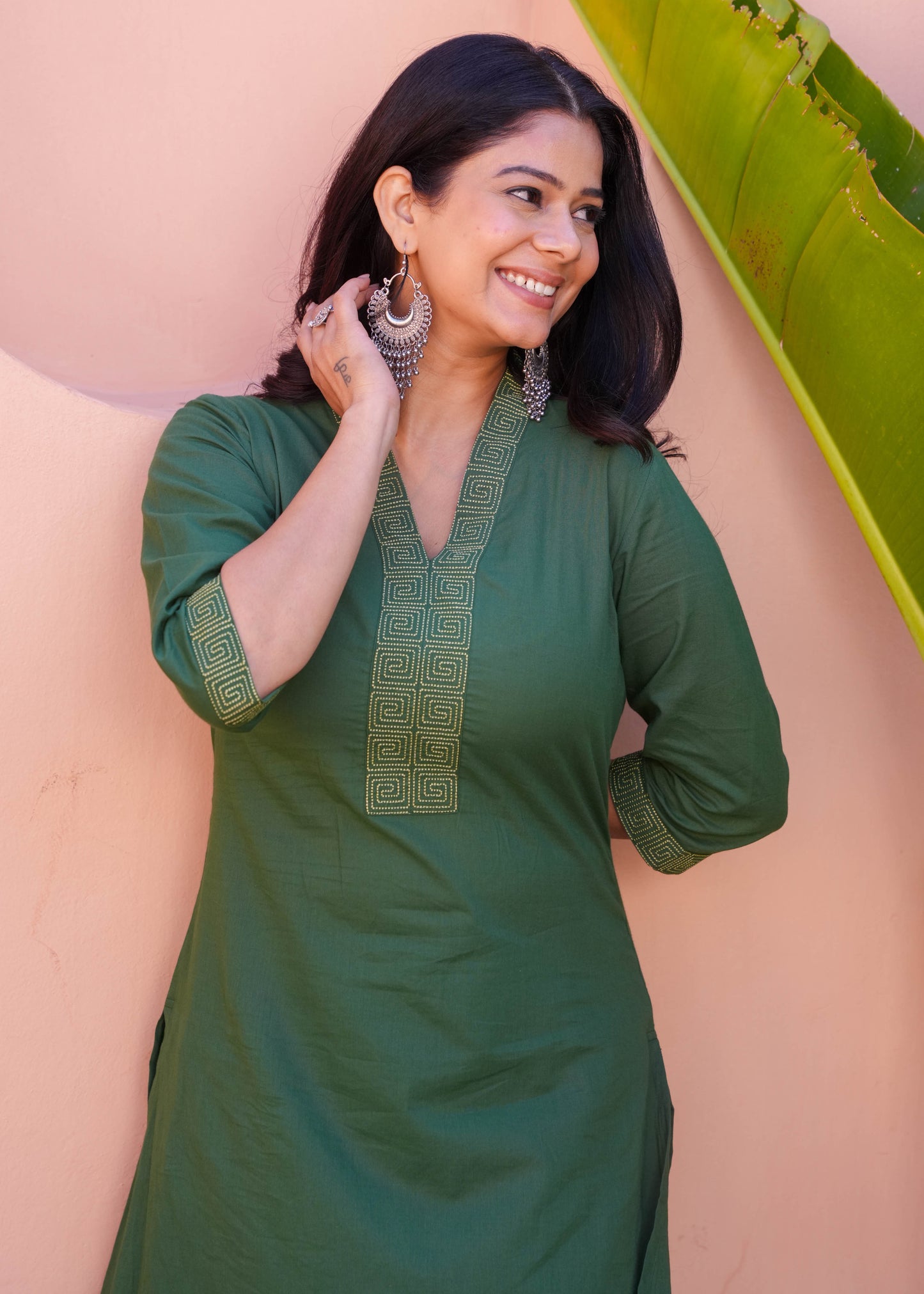 Embroidered Soft Cotton Solid A-line Green Kurta