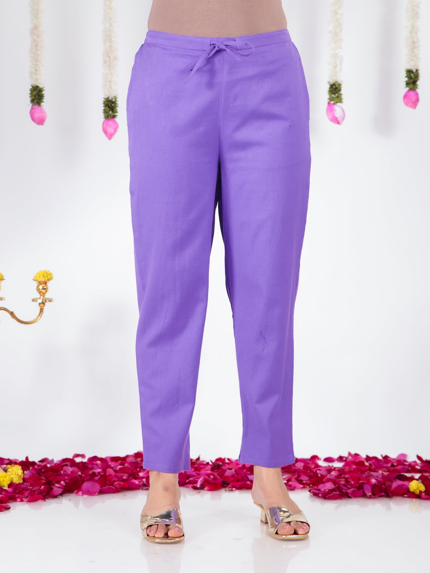 Linen Cotton Solid Purple Tapered Trousers