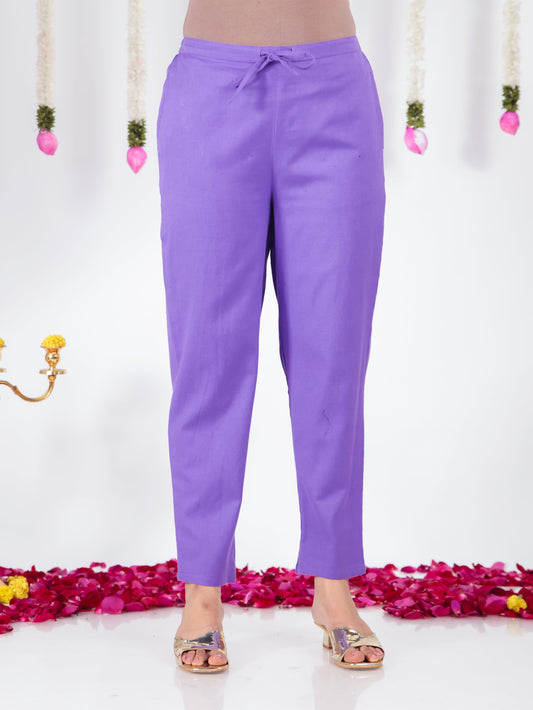 Linen Cotton Solid Purple Tapered Trousers