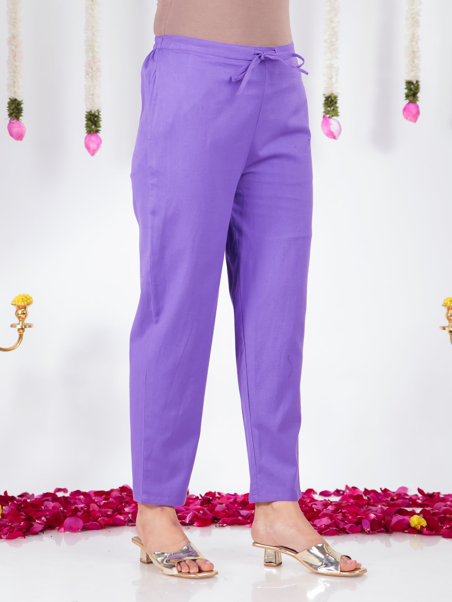 Linen Cotton Solid Purple Tapered Trousers