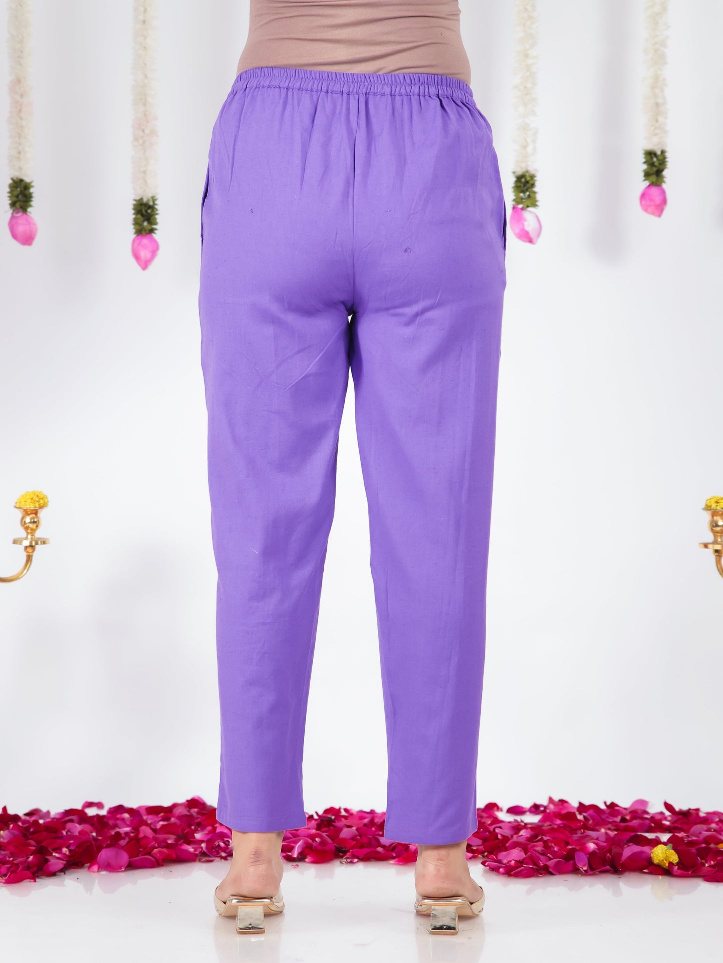 Linen Cotton Solid Purple Tapered Trousers