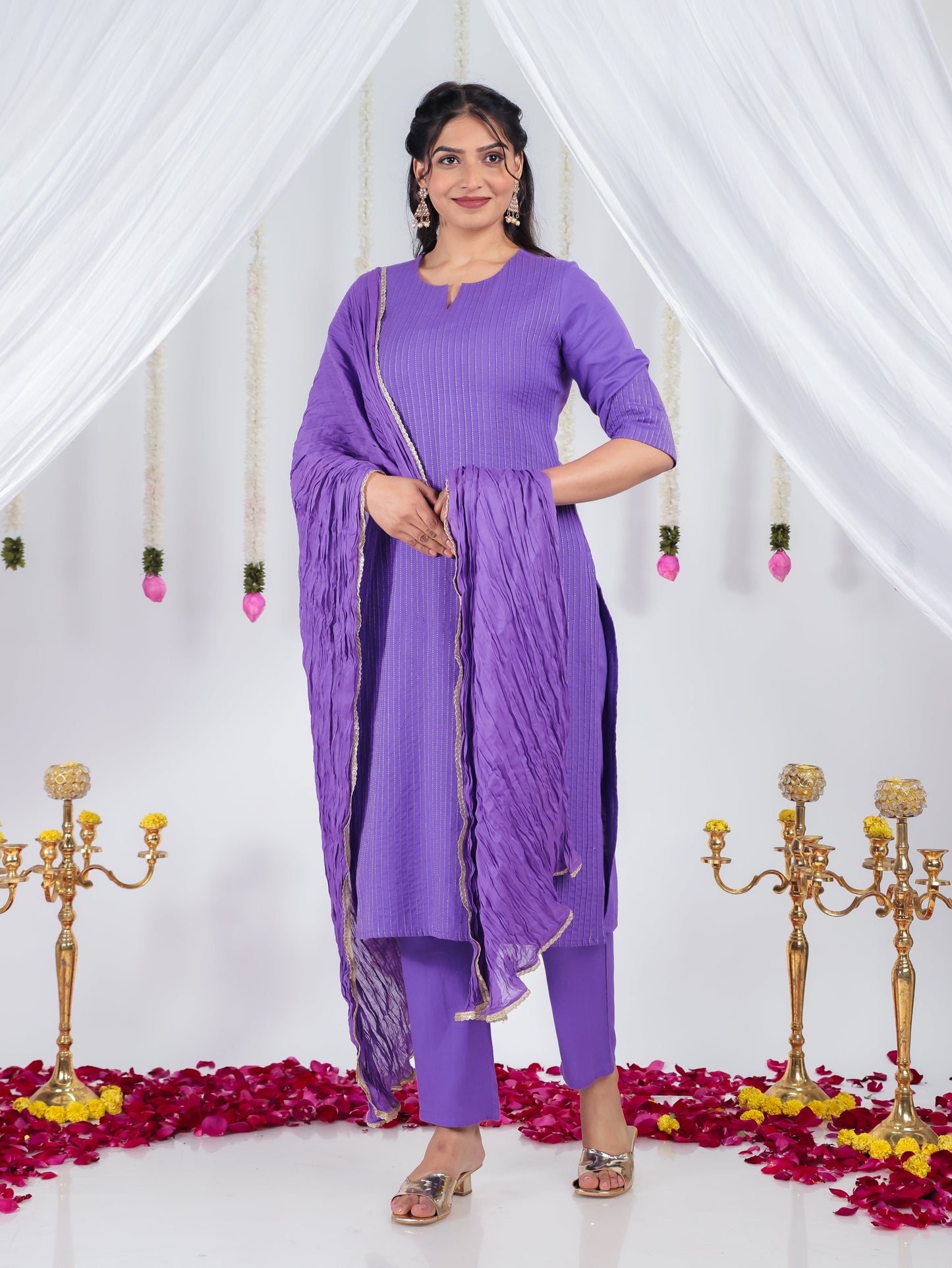 Linen Cotton Solid Straight Purple Kurta