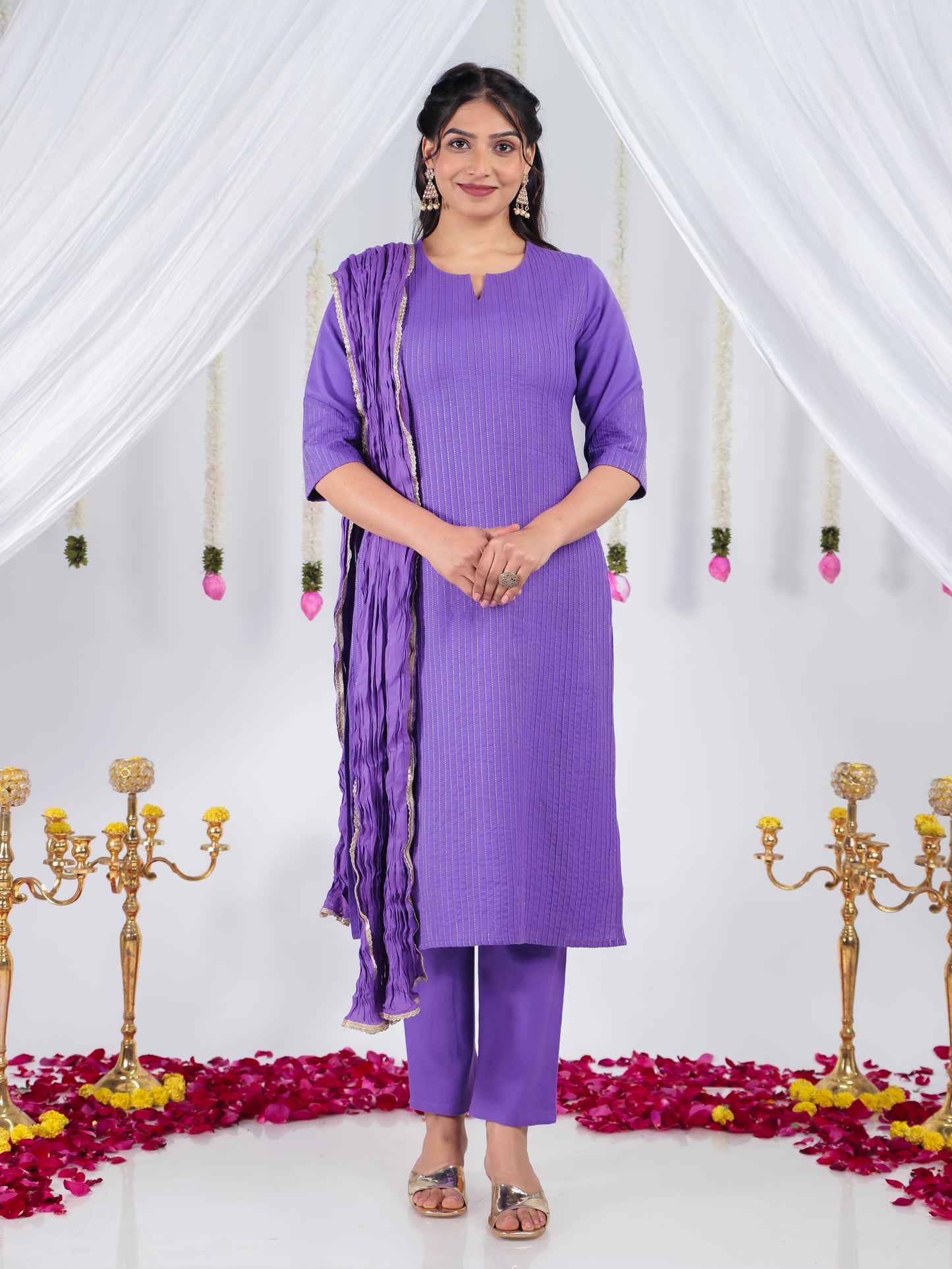 Linen Cotton Solid Straight Purple Kurta
