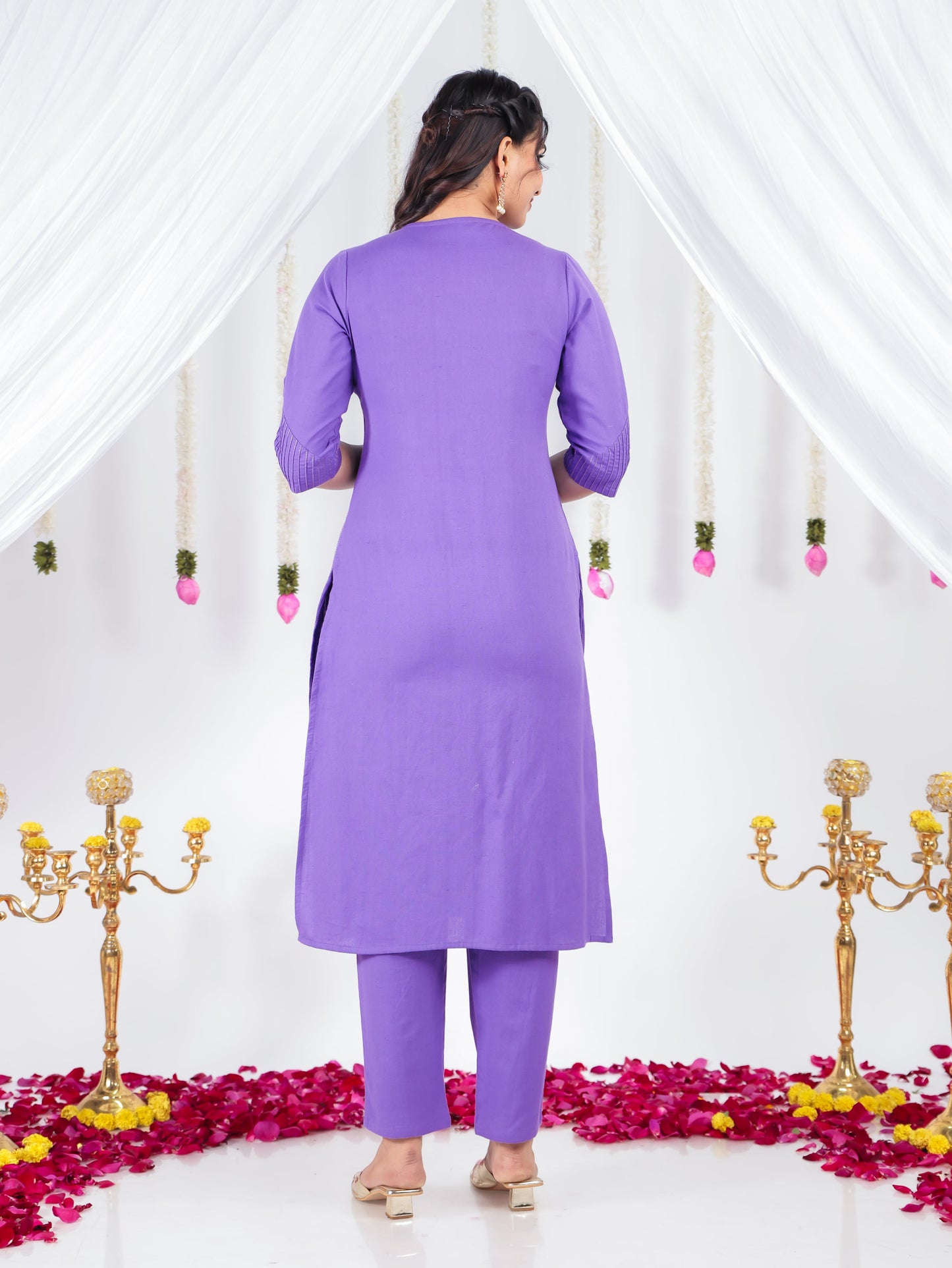 Linen Cotton Solid Straight Purple Kurta