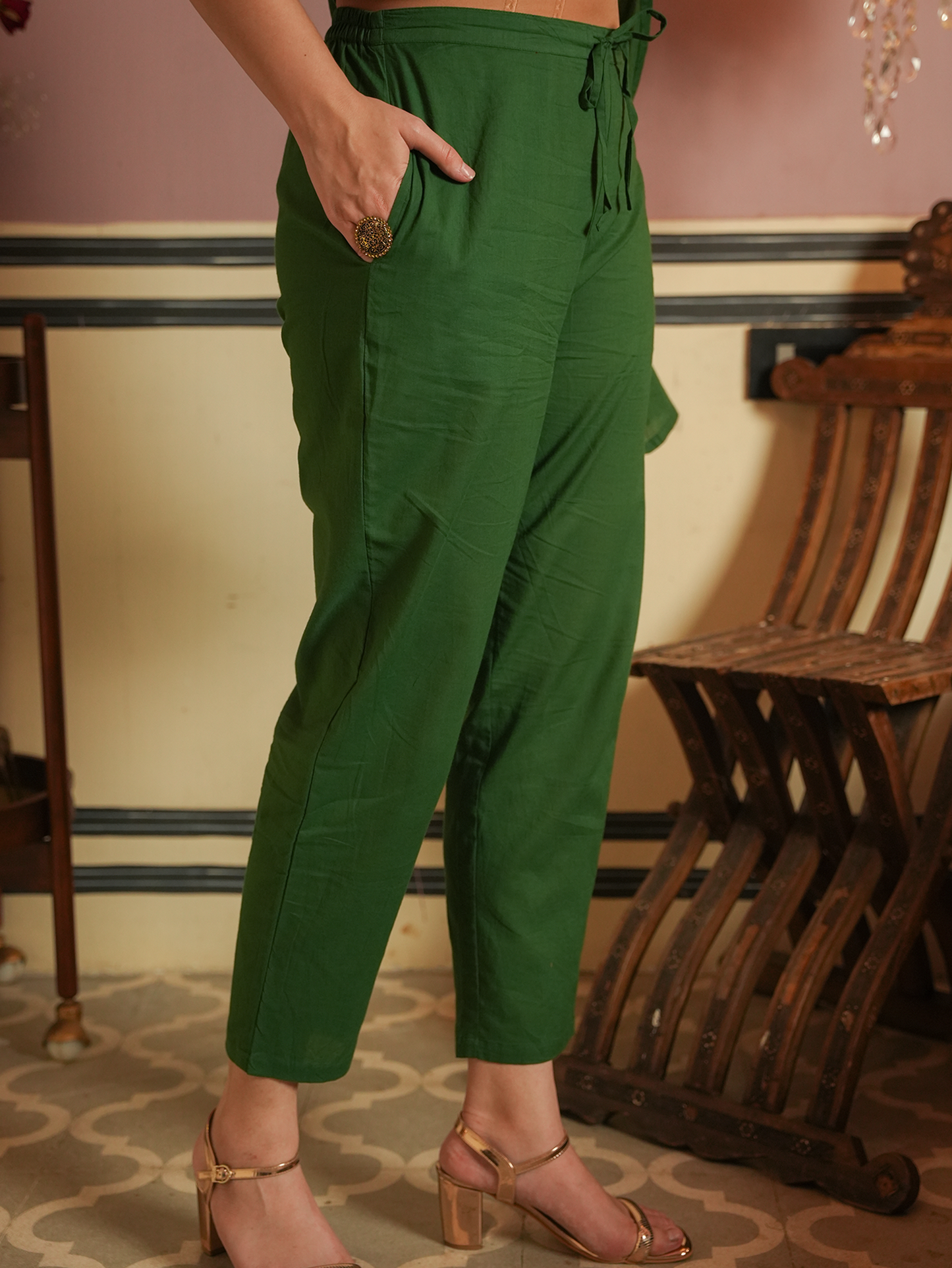 Soft Cotton Solid Green Flared Trousers