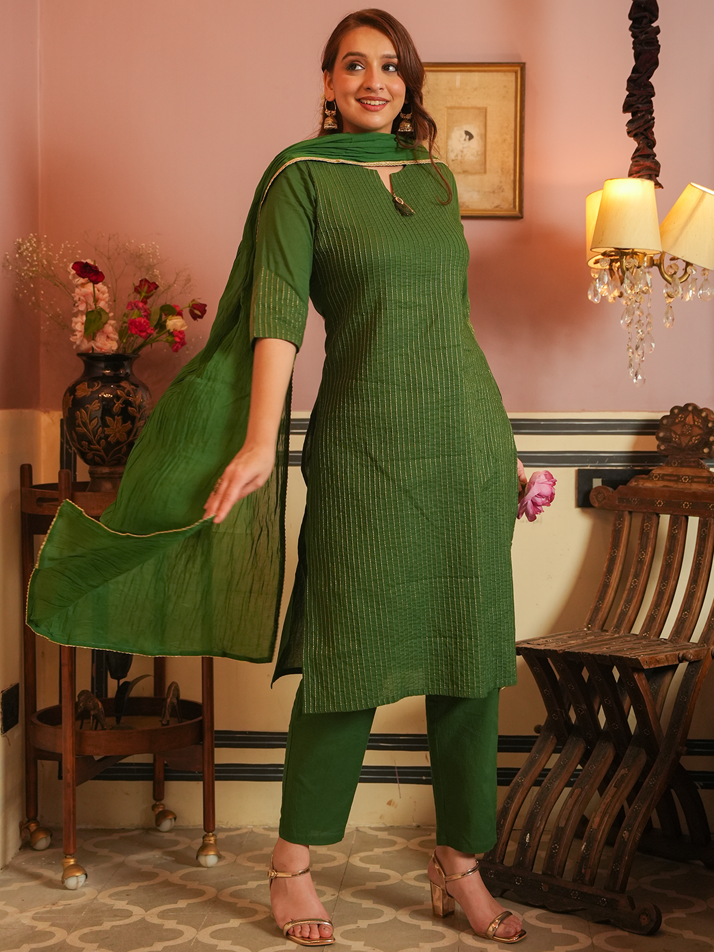 Soft Cotton Solid Straight Green Kurta