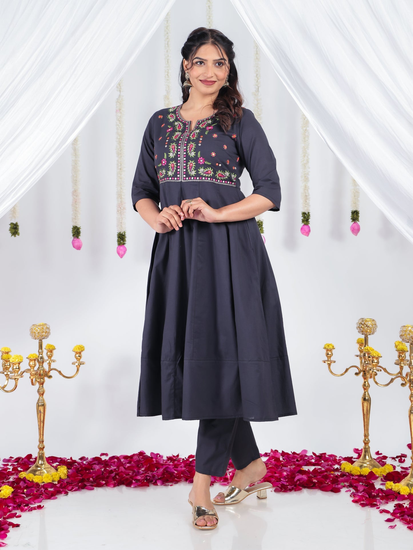 Embroidered Soft Cotton Solid Anarkali Black Kurta