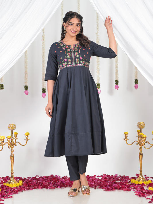 Embroidered Soft Cotton Solid Anarkali Black Kurta