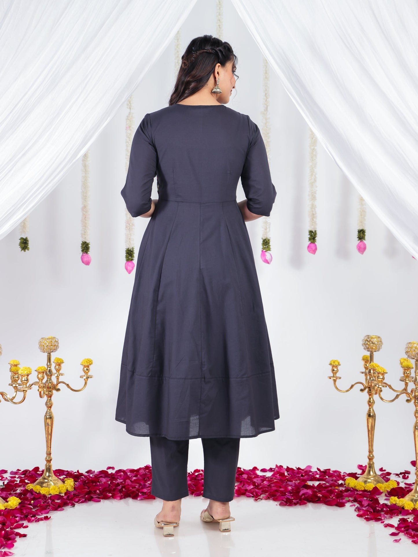 Embroidered Soft Cotton Solid Anarkali Black Kurta