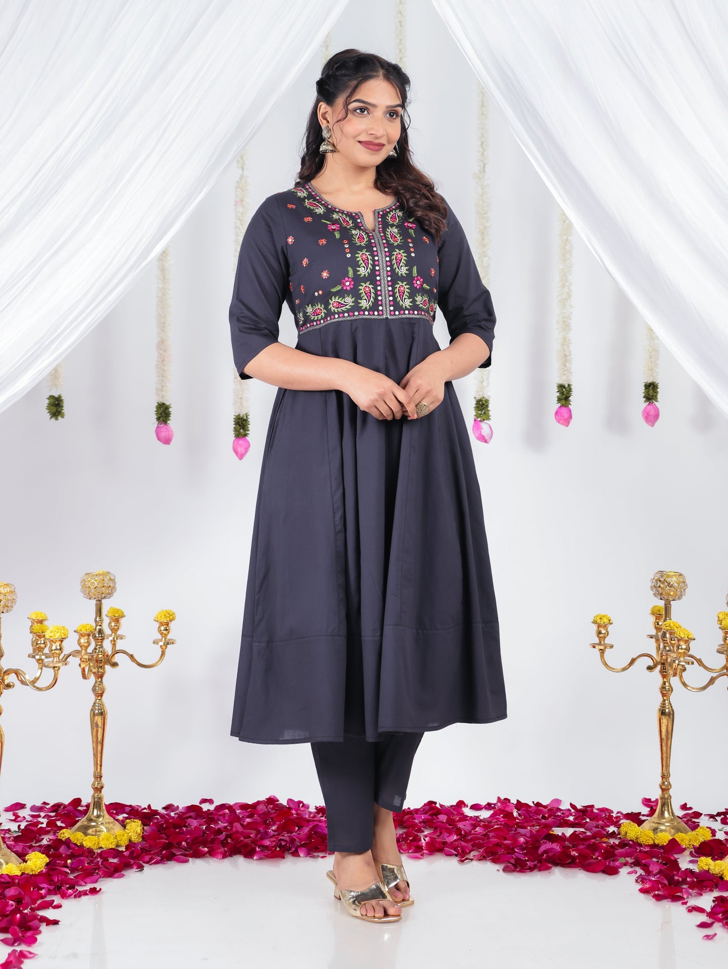 Embroidered Soft Cotton Solid Anarkali Black Kurta
