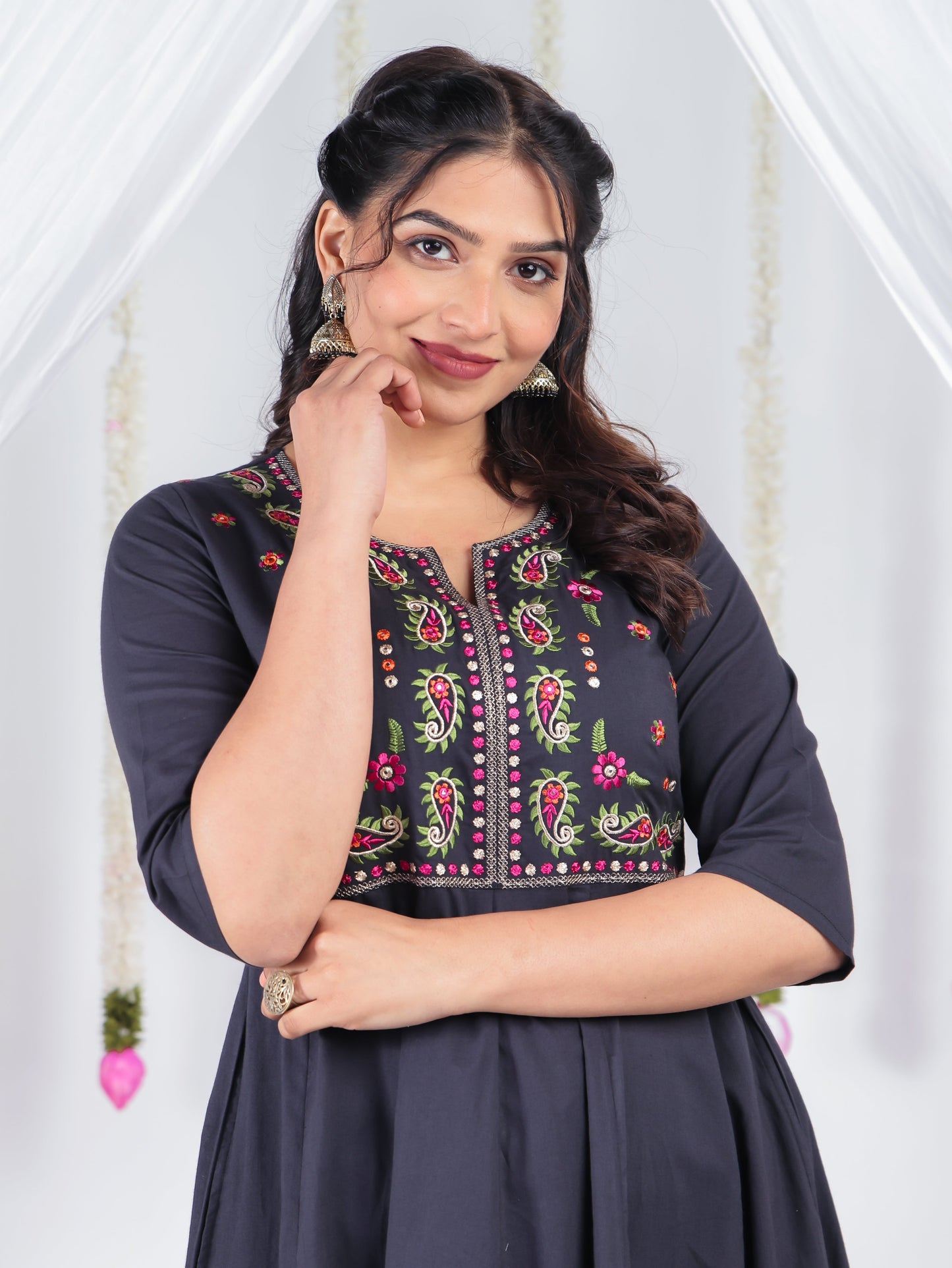 Embroidered Soft Cotton Solid Anarkali Black Kurta