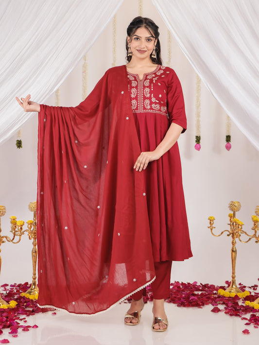 Embroidered Cotton Voile Solid Maroon Dupatta