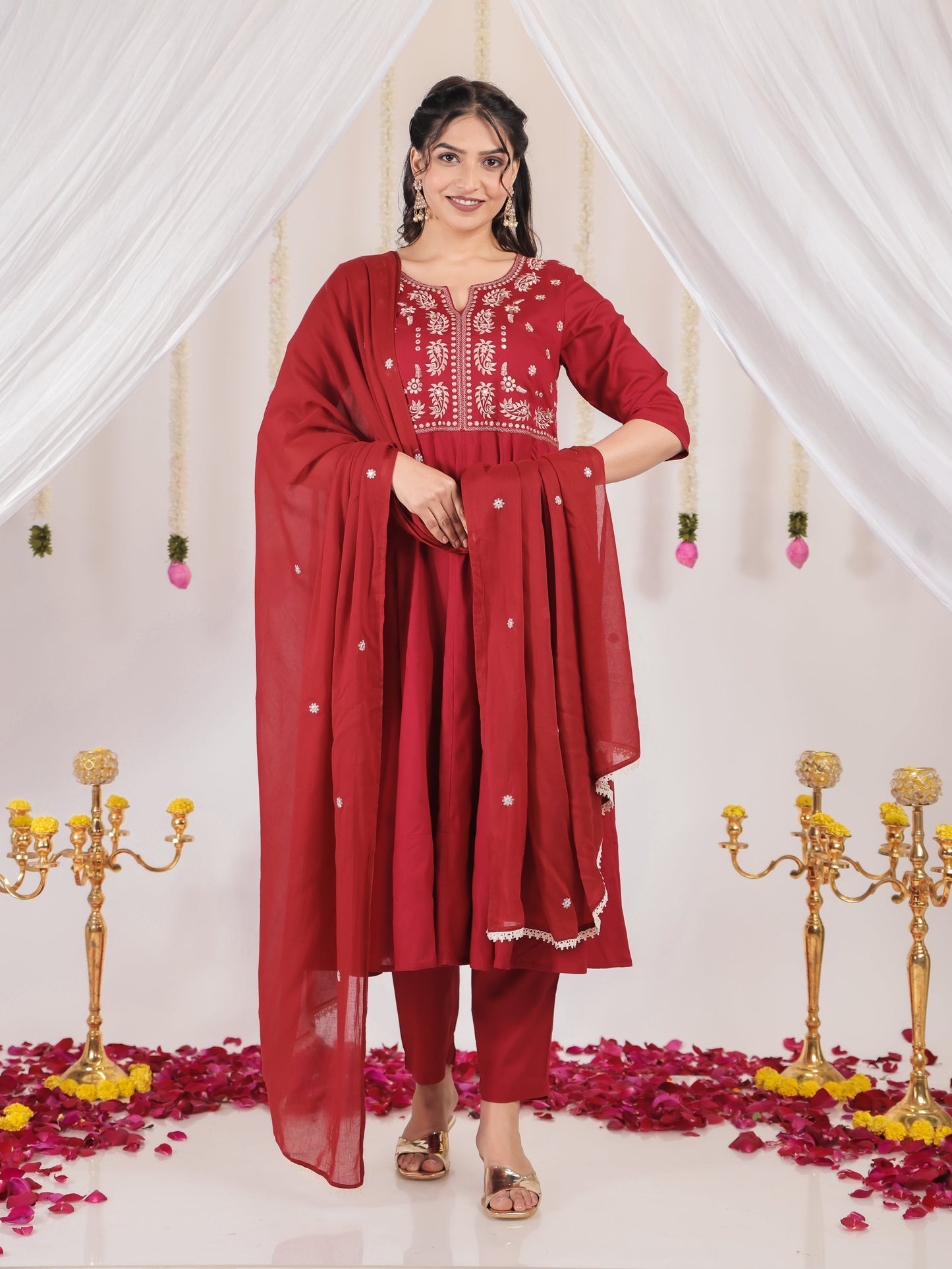 Embroidered Cotton Voile Solid Maroon Dupatta