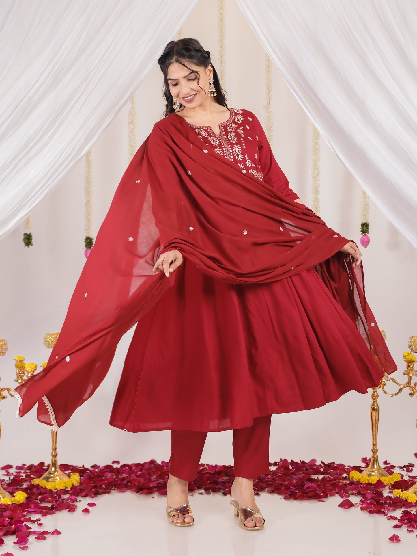 Embroidered Cotton Voile Solid Maroon Dupatta