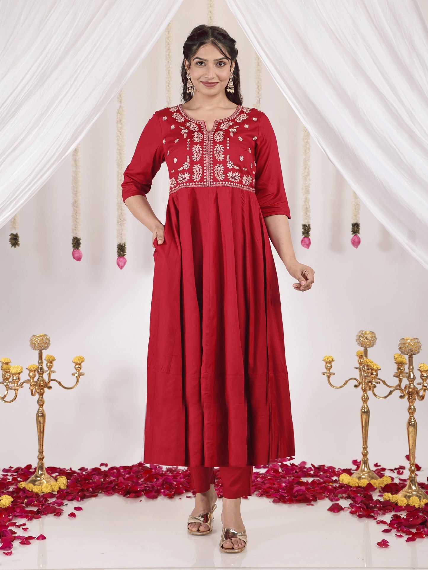 Embroidered Viscose Solid Anarkali Maroon Kurta