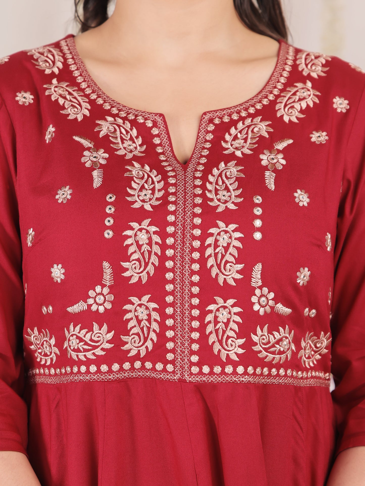 Embroidered Viscose Solid Anarkali Maroon Kurta