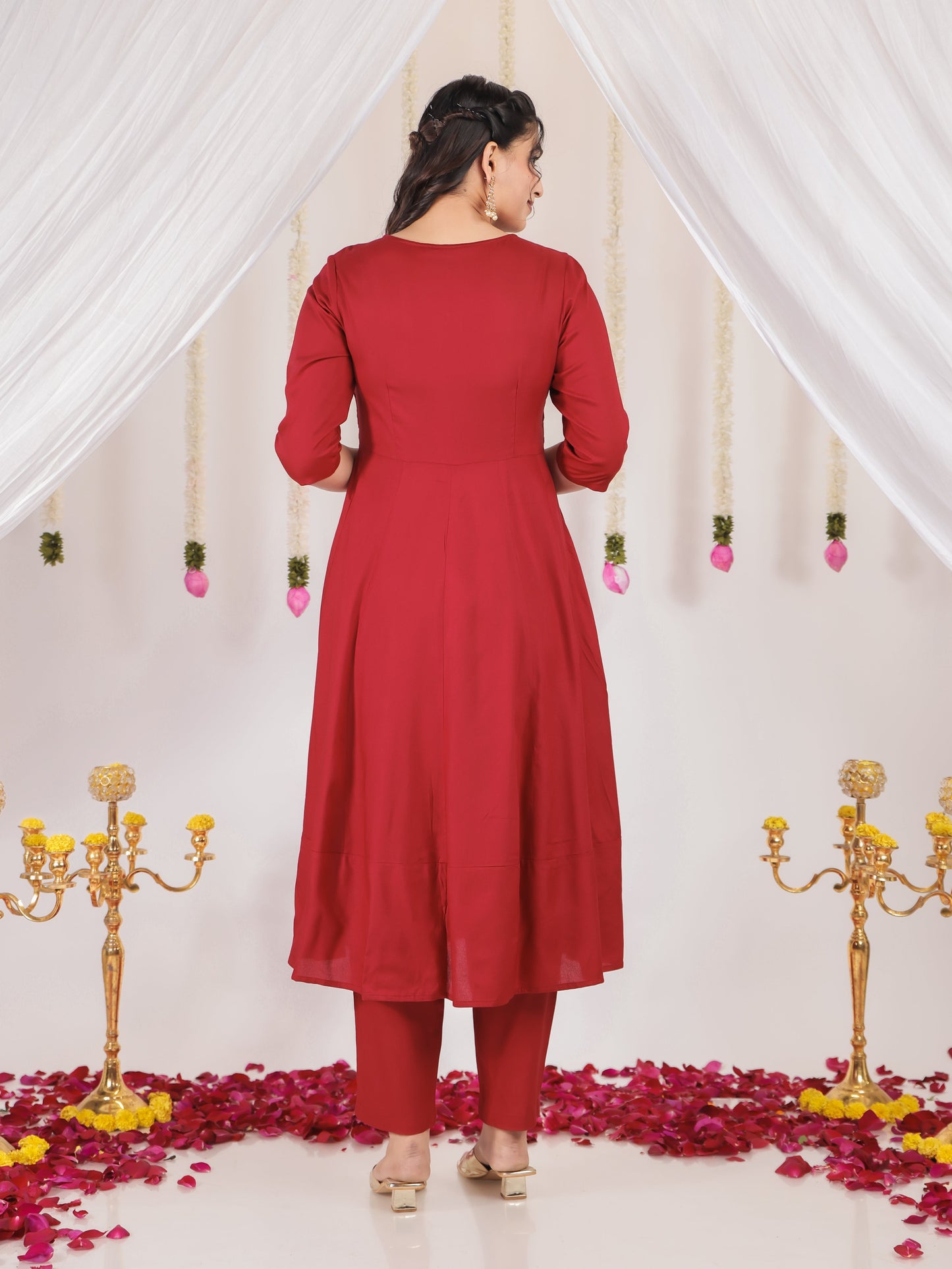 Embroidered Viscose Solid Anarkali Maroon Kurta